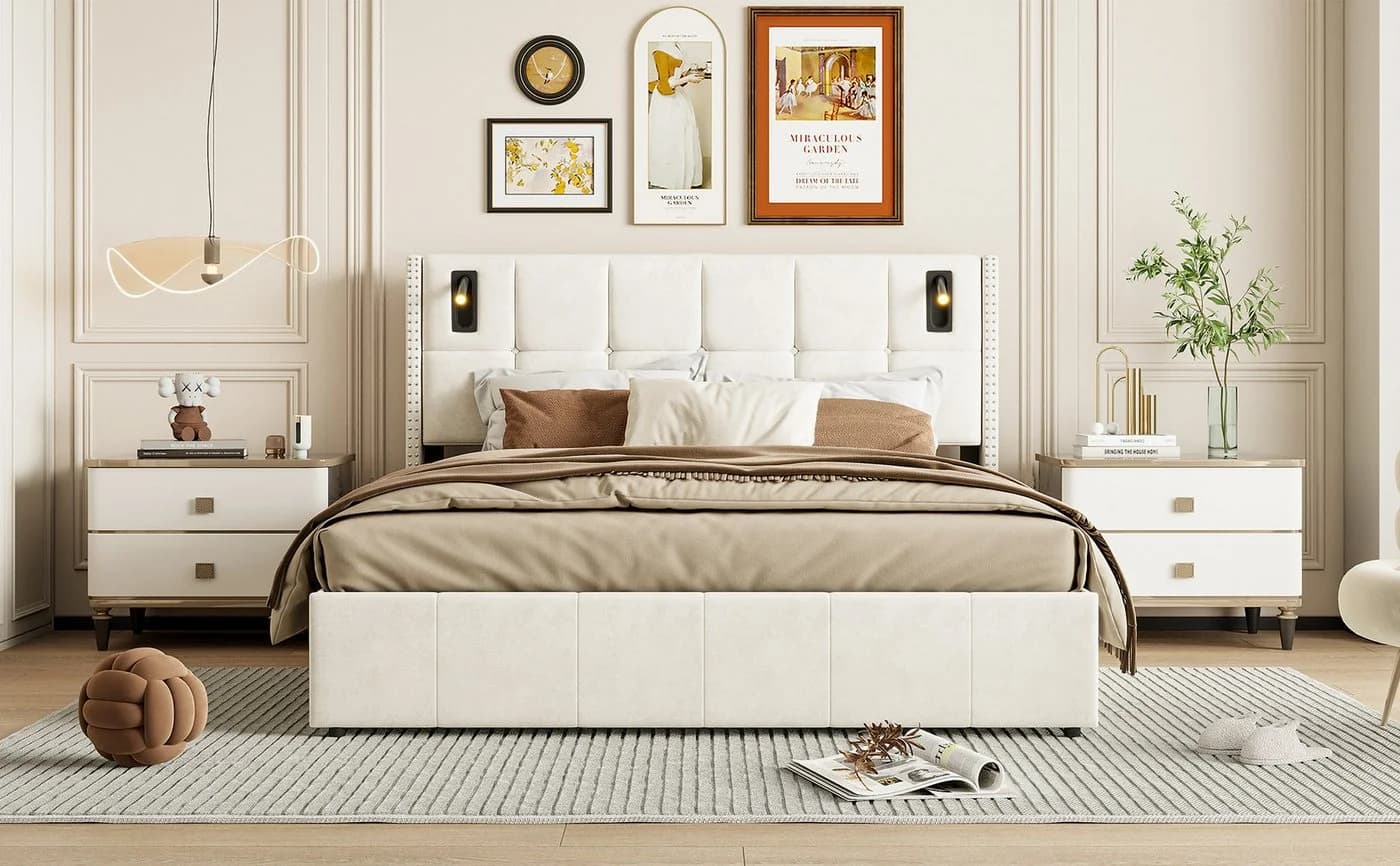 Gdood Polsterbett 140x200 cm Beige Samt Stauraum LED - Bild 5