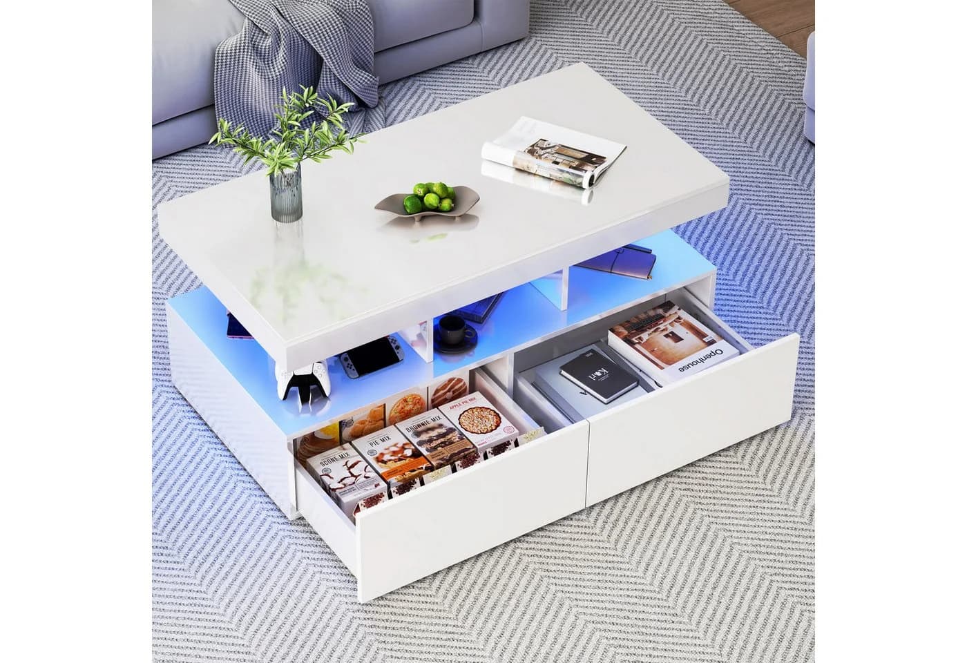 Furnishings Home Couchtisch Weiß/Schwarz mit LED-Beleuchtung und Schubladen