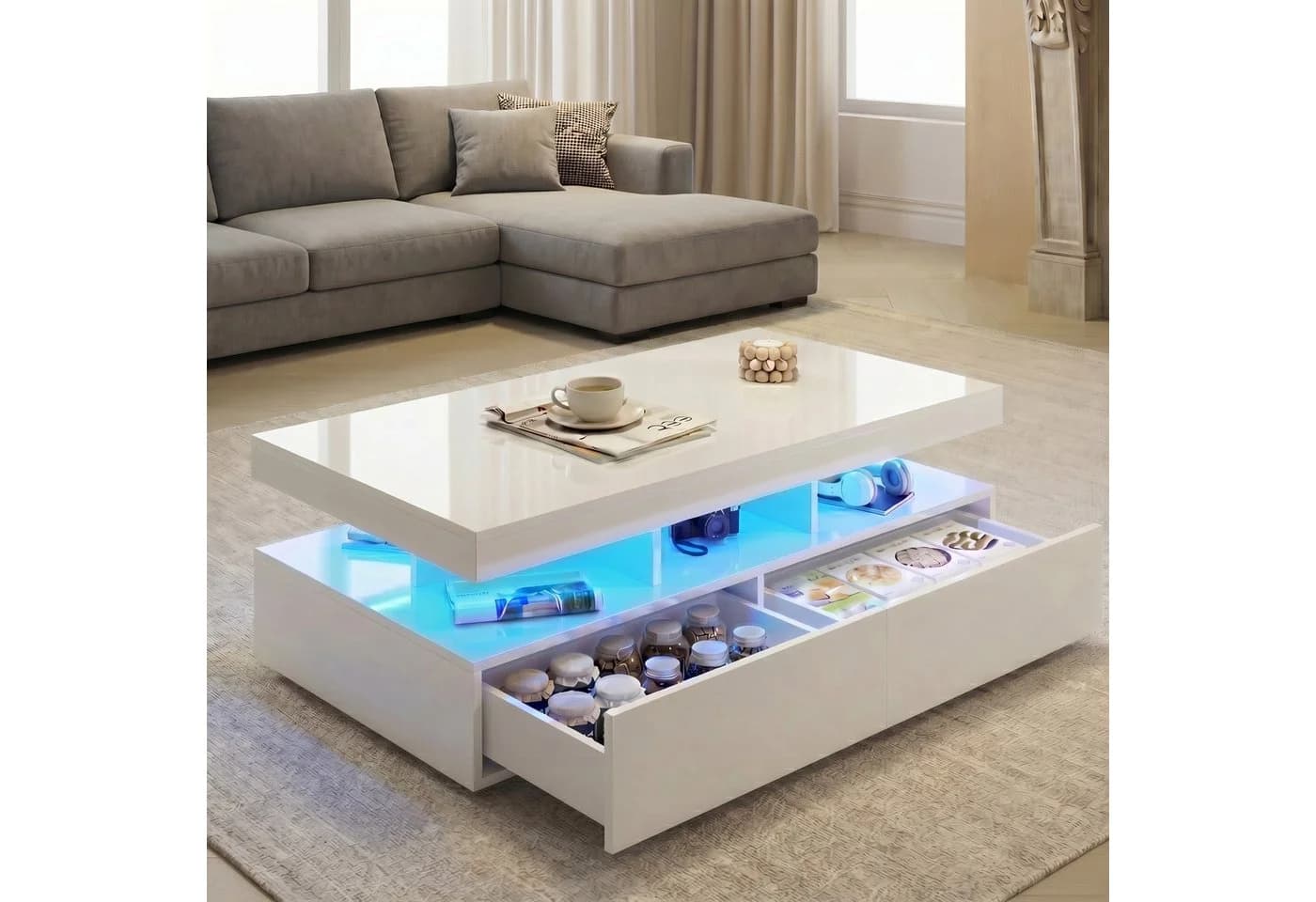 Furnishings Home Couchtisch Weiß/Schwarz mit LED-Beleuchtung und Schubladen - Bild 2
