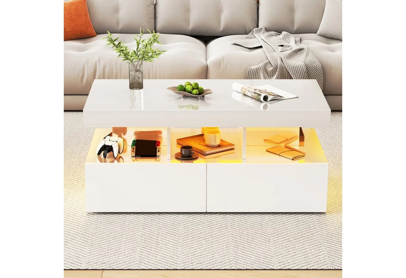 Furnishings Home Couchtisch Weiß/Schwarz mit LED-Beleuchtung und Schubladen - Bild 3