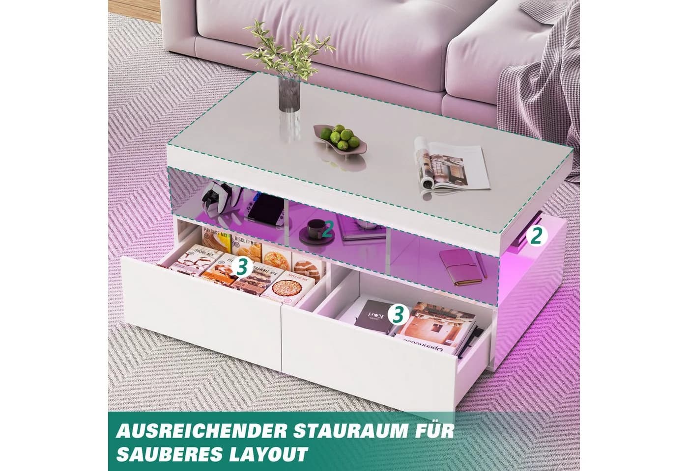 Furnishings Home Couchtisch Weiß/Schwarz mit LED-Beleuchtung und Schubladen - Bild 5