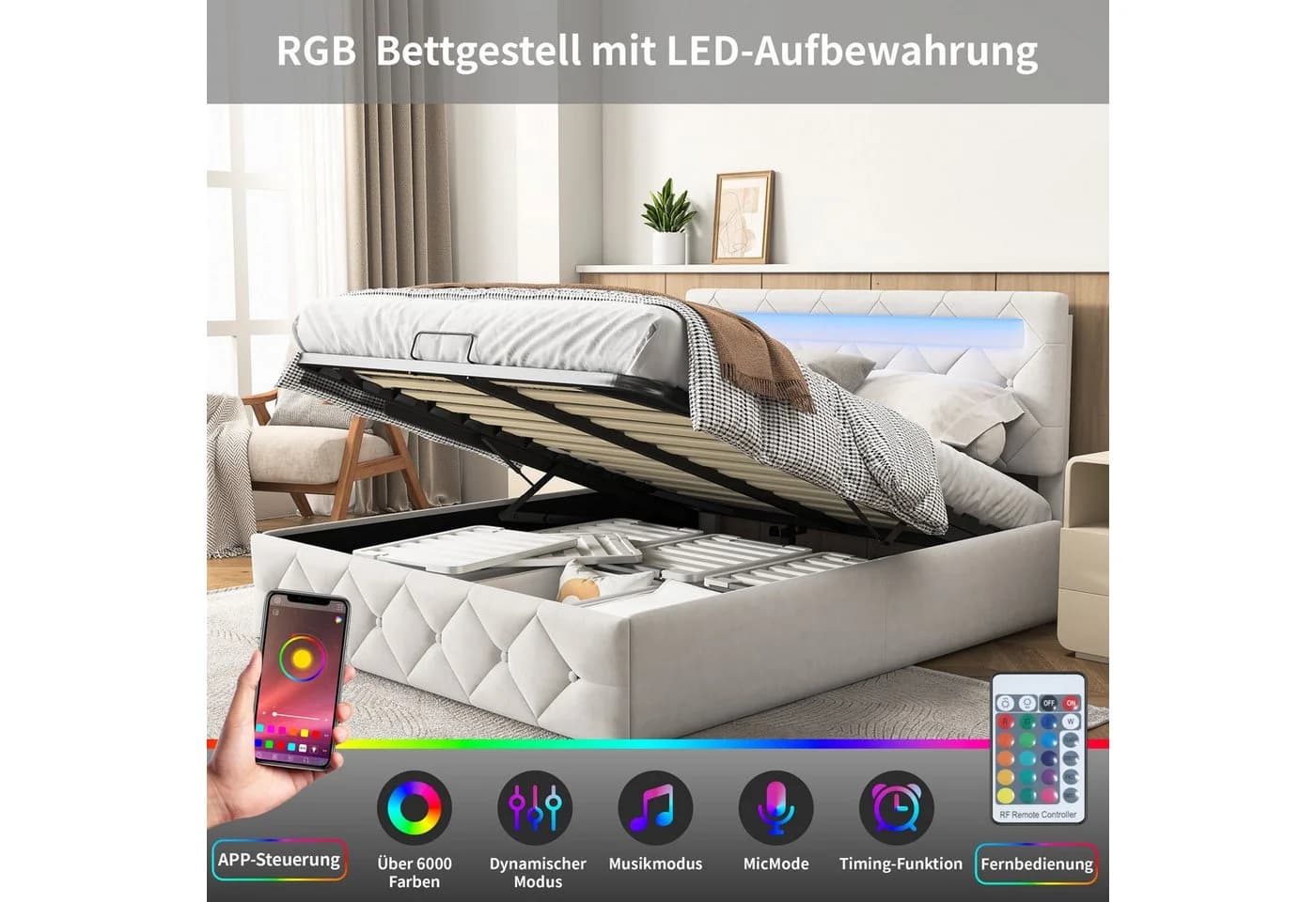 Furnishings Home LED Polsterbett 140x200 Samt Stauraum - Bild 5