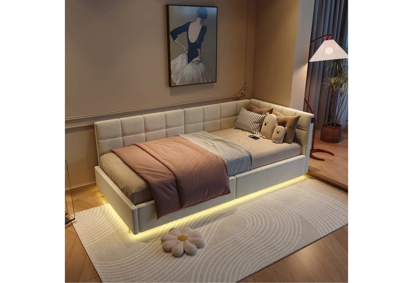FUROKOY Polsterbett Daybett Tagesbett mit Stauraum, Schlafsofa, Jugendbett, 90x200cm, Samt, Beige