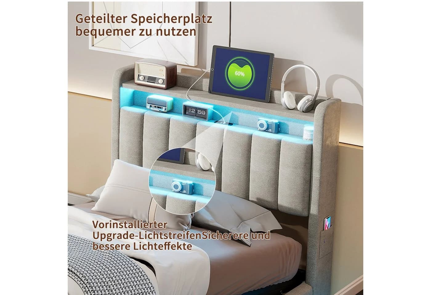 ADWOLT Polsterbett mit LED, Stauraum & USB Grau Samt