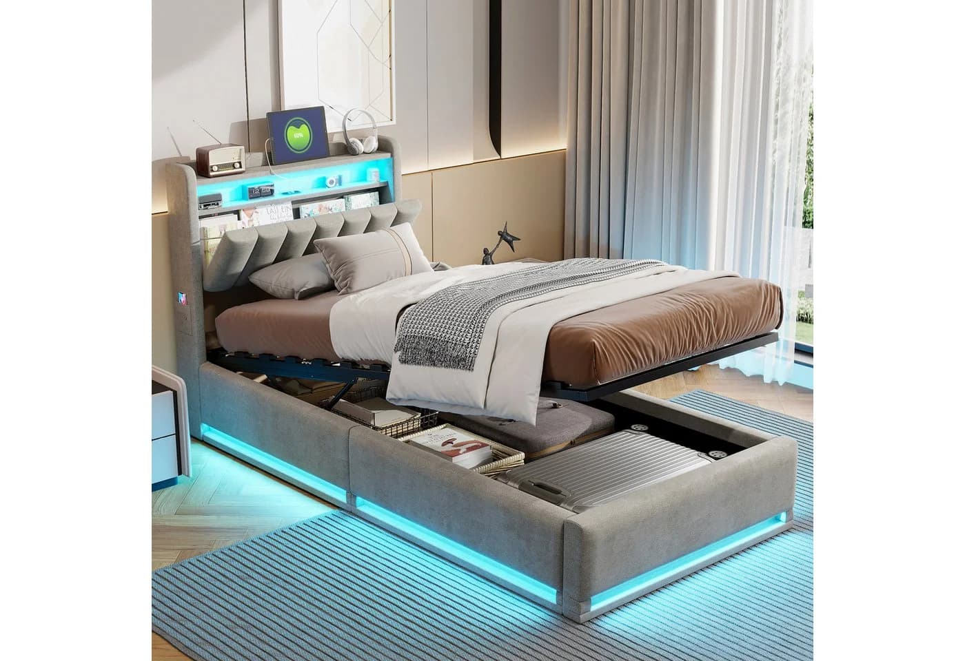 ADWOLT Polsterbett mit LED, Stauraum & USB Grau Samt - Bild 2