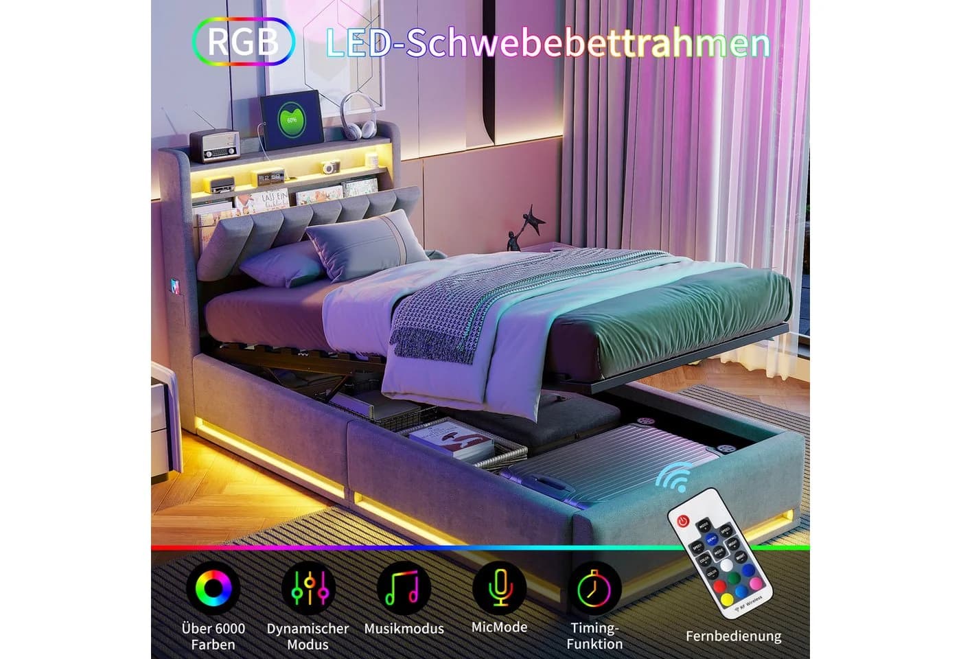 ADWOLT Polsterbett mit LED, Stauraum & USB Grau Samt - Bild 3