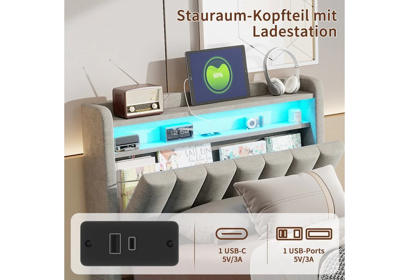 ADWOLT Polsterbett mit LED, Stauraum & USB Grau Samt - Bild 4