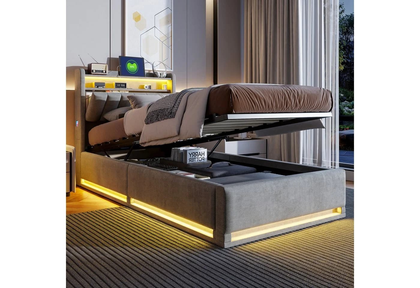 ADWOLT Polsterbett mit LED, Stauraum & USB Grau Samt - Bild 5