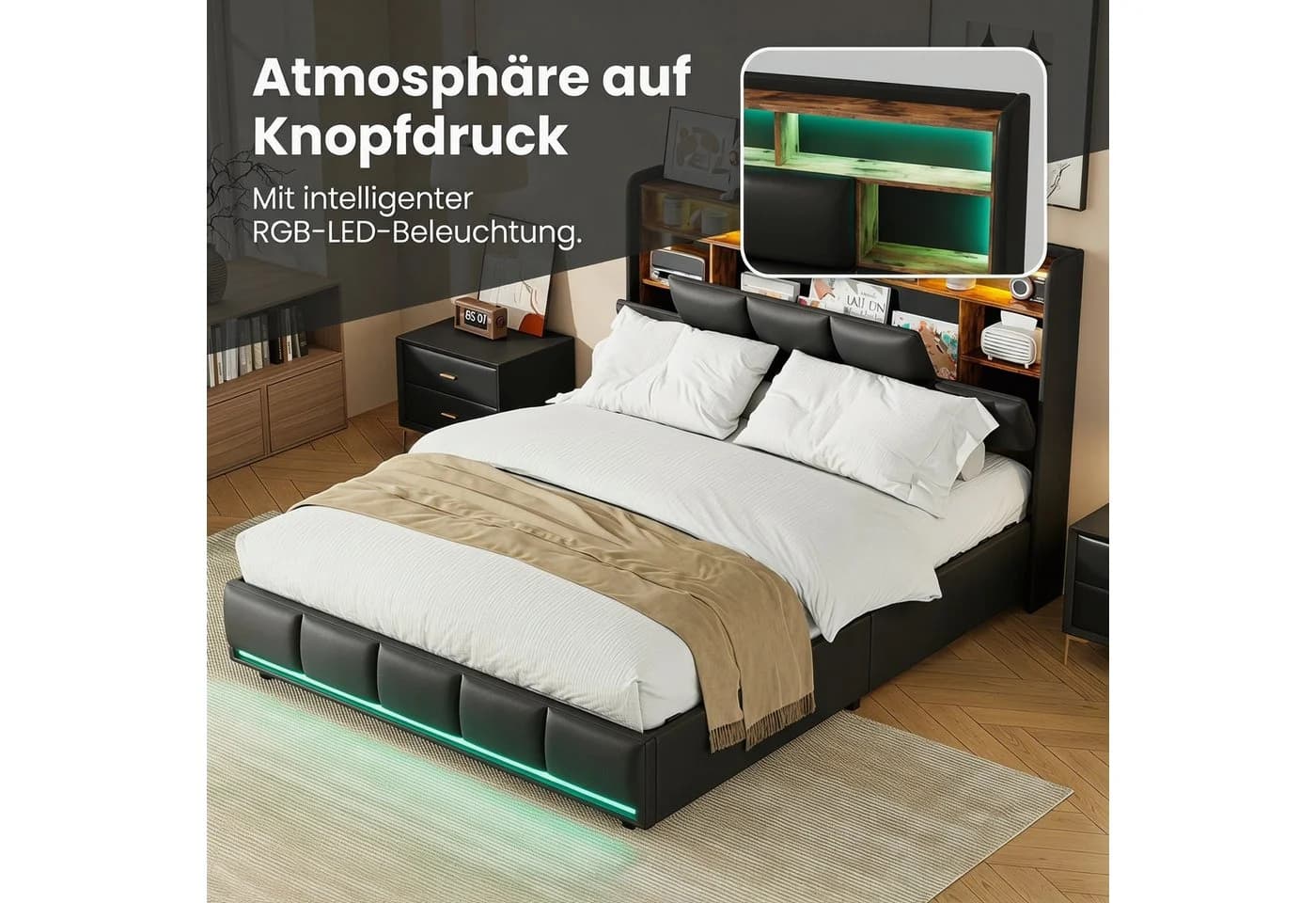 ADWOLT Stauraumbett Schwarz mit LED, USB & Lattenrost