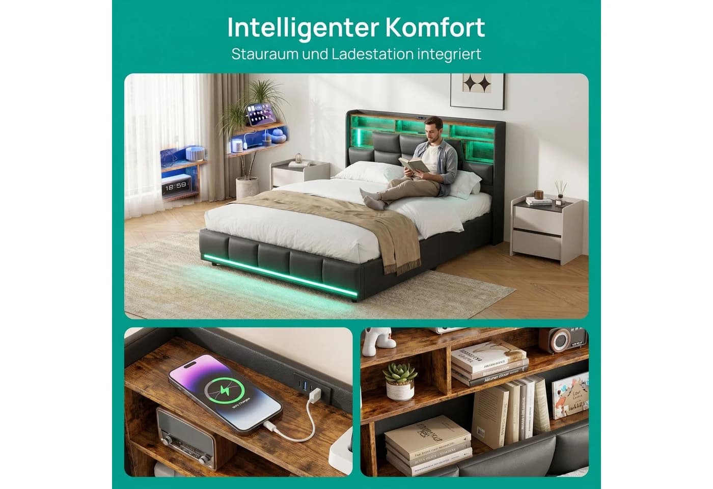 ADWOLT Stauraumbett Schwarz mit LED, USB & Lattenrost - Bild 3