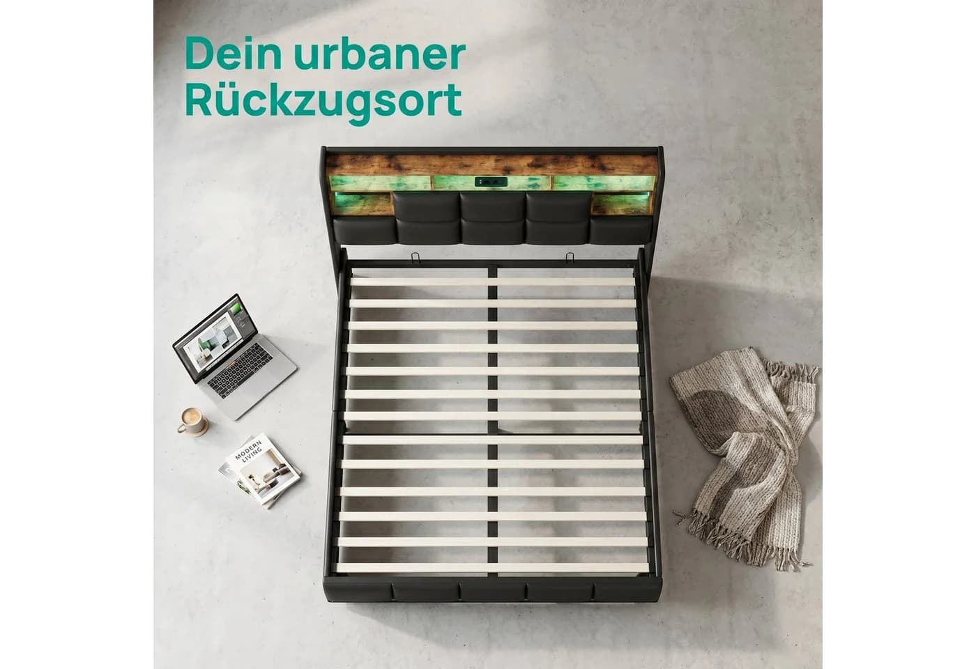 ADWOLT Stauraumbett Schwarz mit LED, USB & Lattenrost - Bild 5