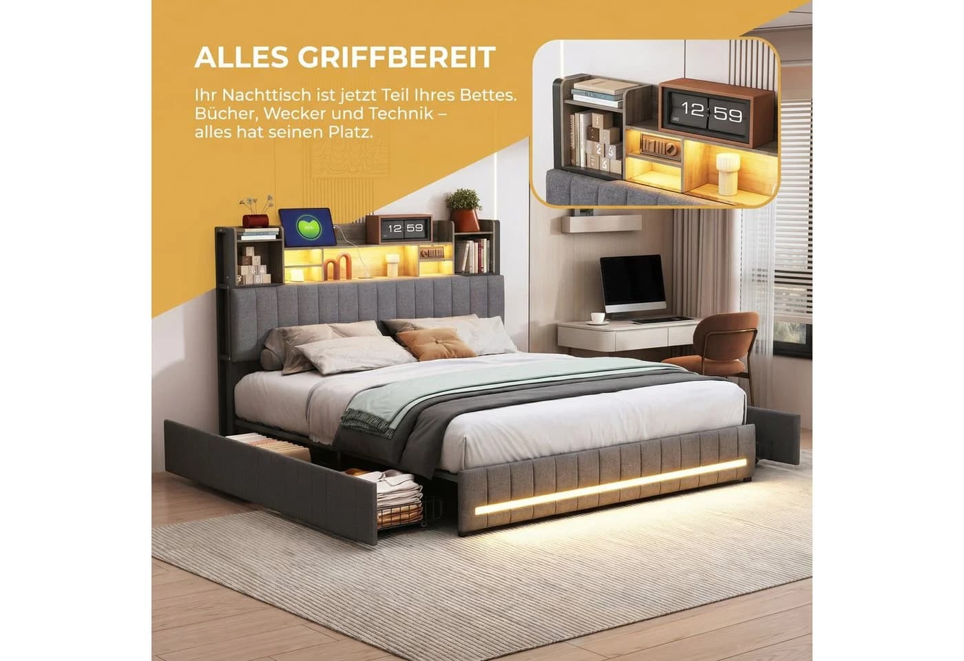 ADWOLT Stauraumbett Grau mit LED und Schubladen