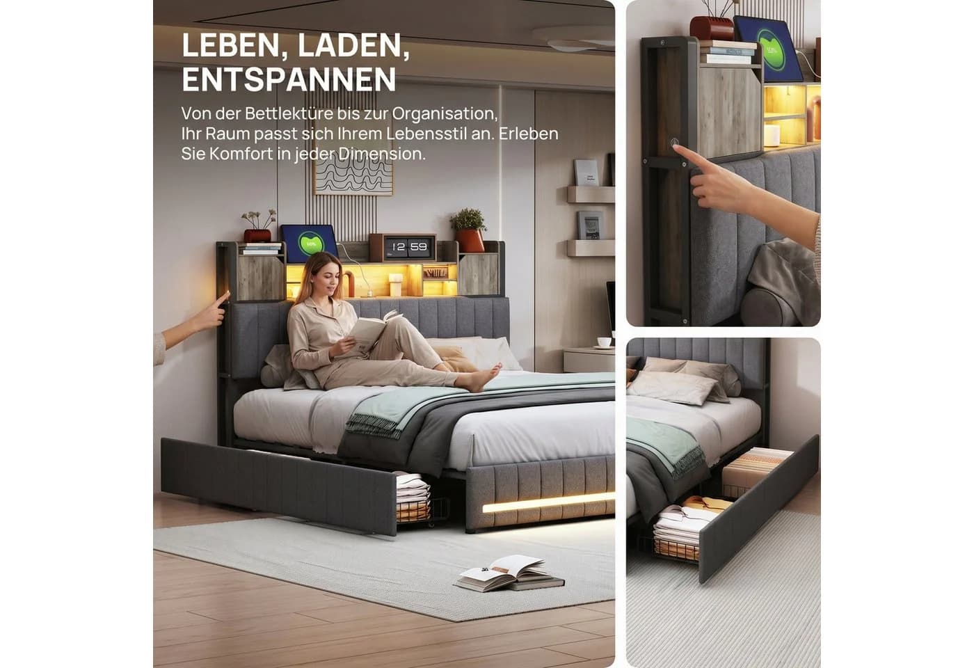 ADWOLT Stauraumbett Grau mit LED und Schubladen - Bild 4
