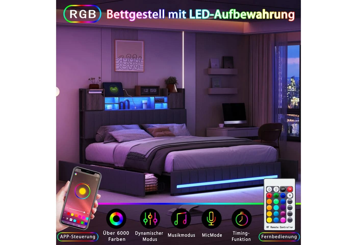 ADWOLT Stauraumbett Grau mit LED und Schubladen - Bild 5