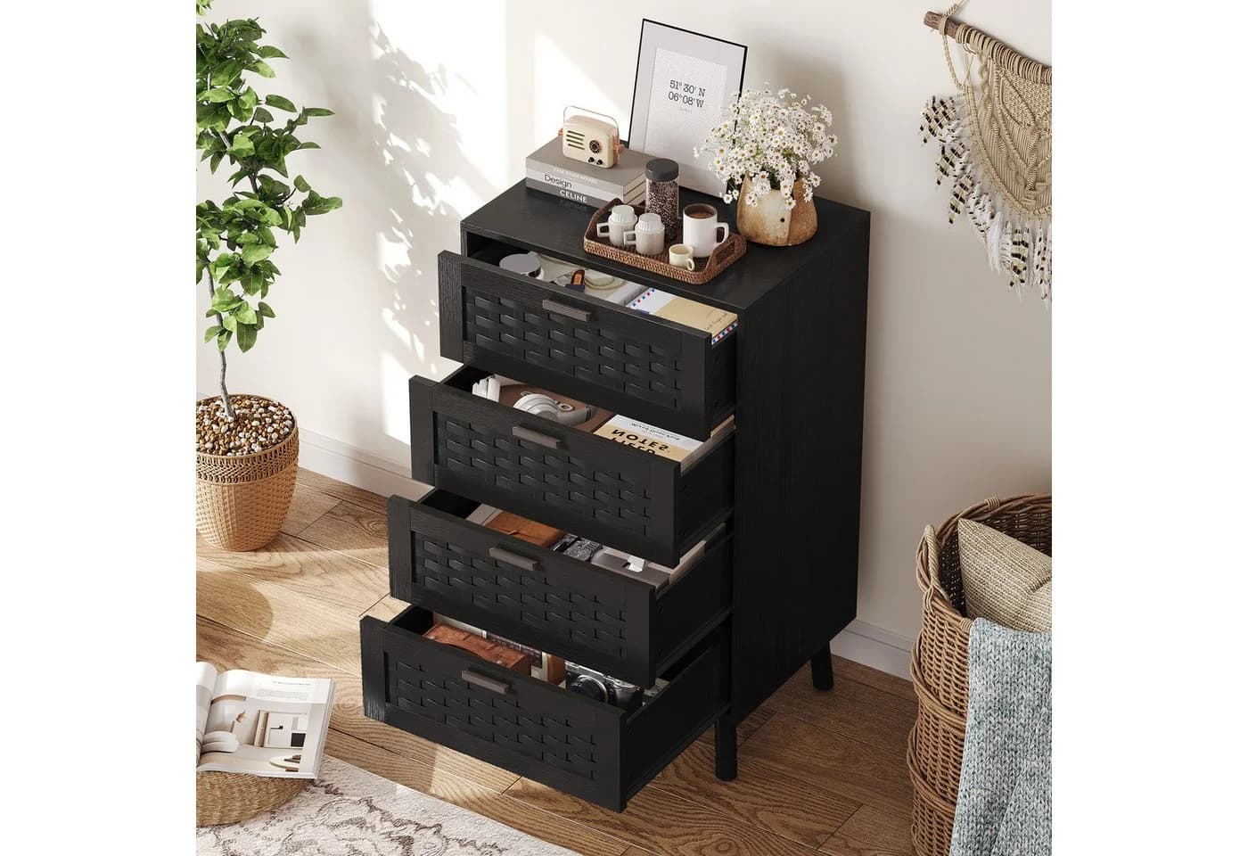 FUROKOY Kommode Sideboard mit 4 Schubladen Schwarz Rattan-Optik - Bild 3