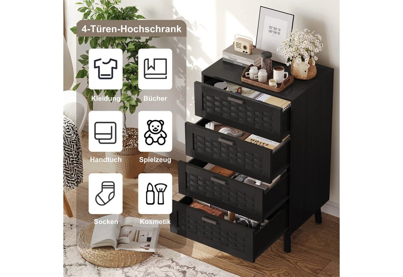 FUROKOY Kommode Sideboard mit 4 Schubladen Schwarz Rattan-Optik - Bild 4