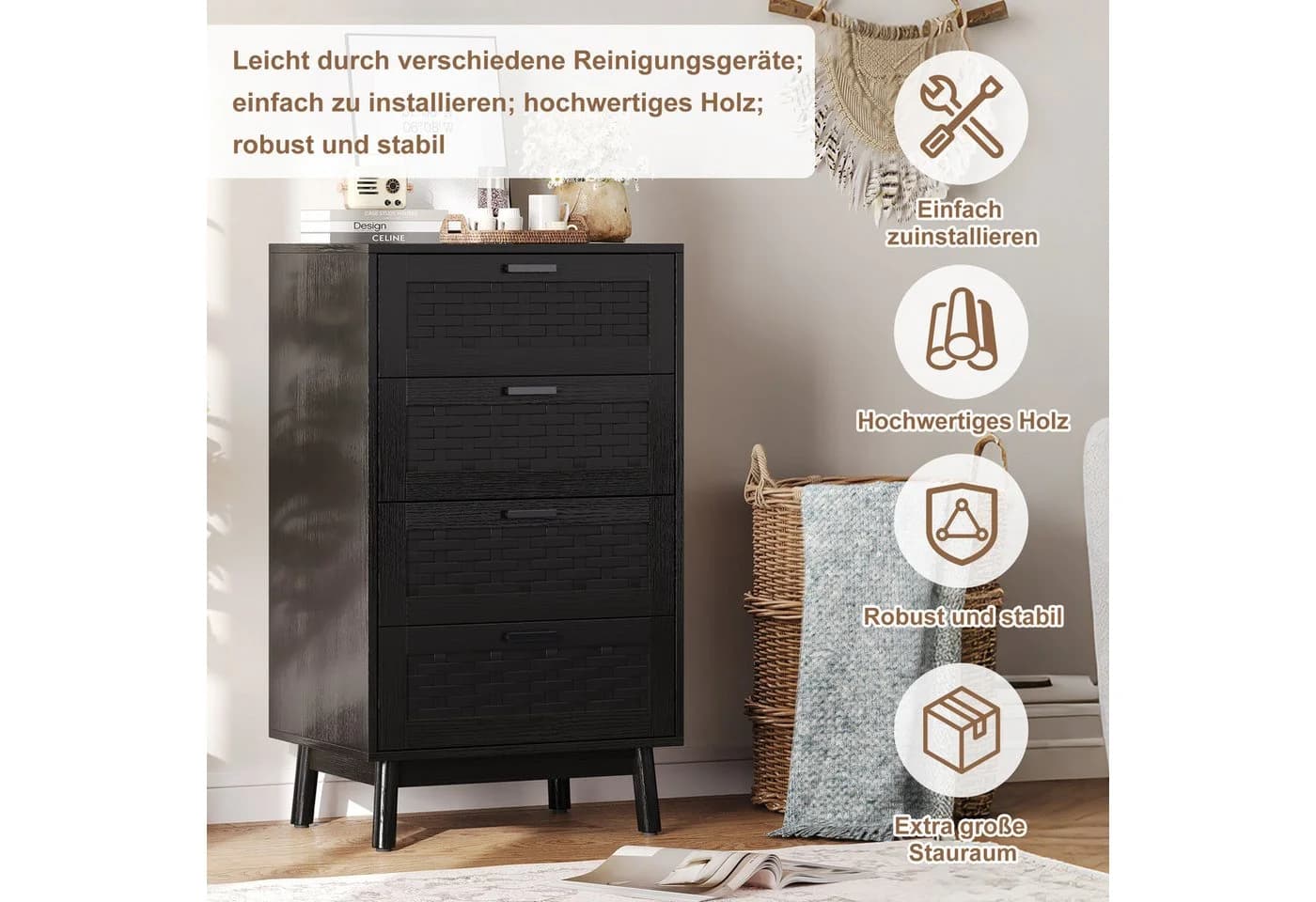 FUROKOY Kommode Sideboard mit 4 Schubladen Schwarz Rattan-Optik - Bild 5