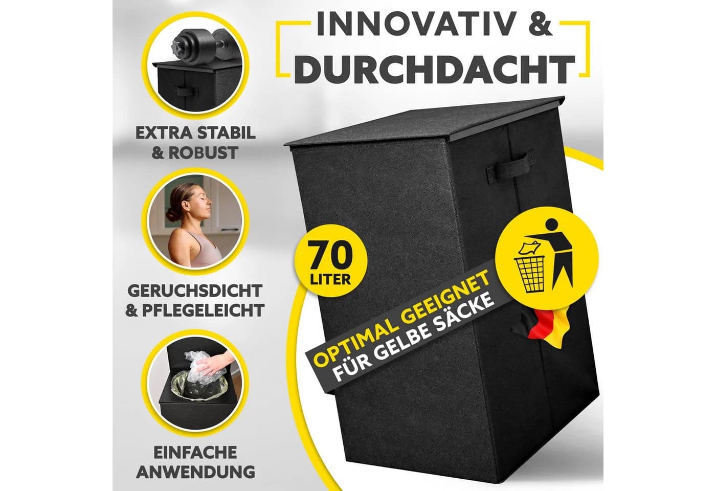 HANDFILL Flaschensammler Wäschekorb & Müllsackständer 70L Gelber Sack mit Deckel Stoffumrandung