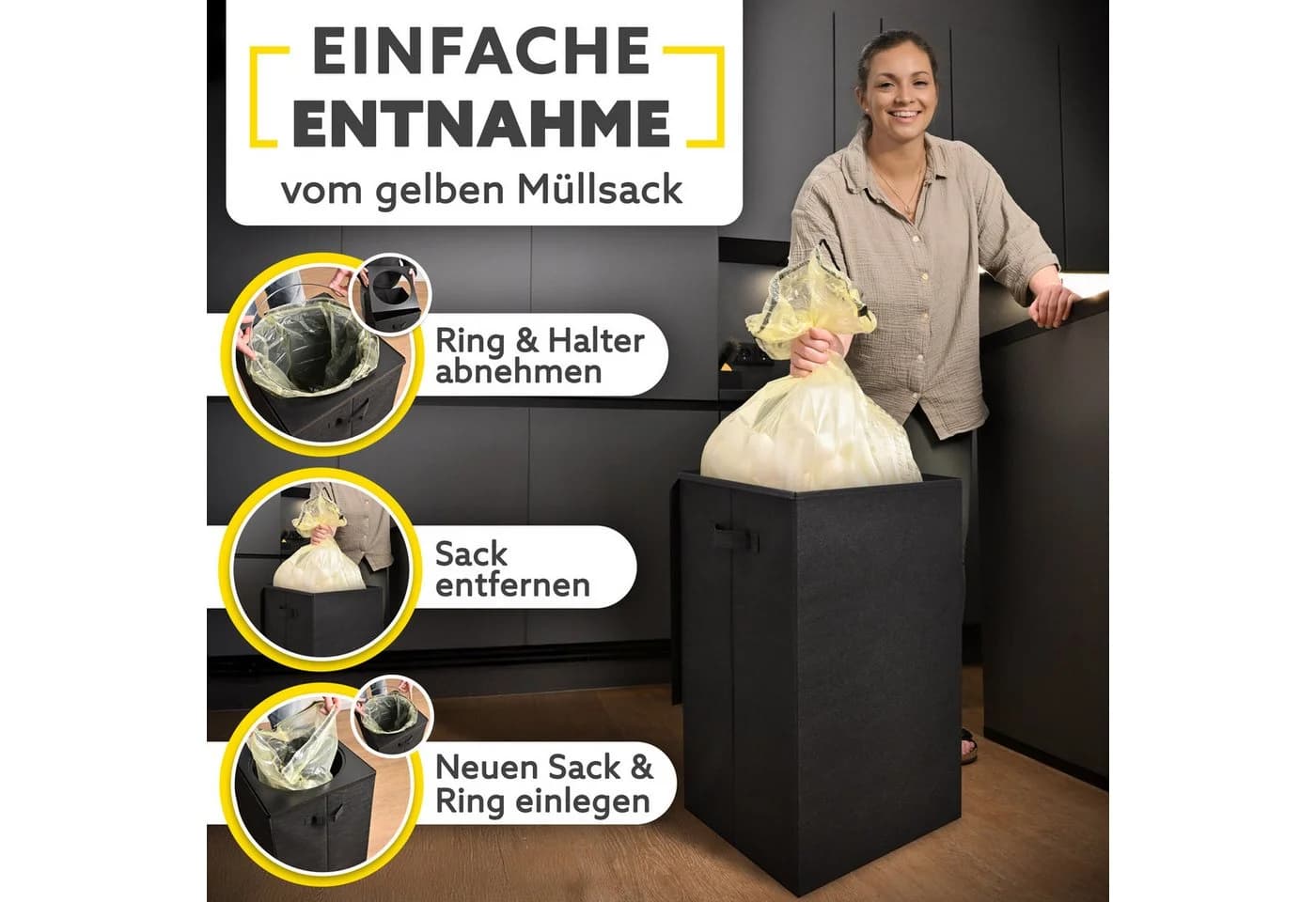HANDFILL Flaschensammler Wäschekorb & Müllsackständer 70L Gelber Sack mit Deckel Stoffumrandung - Bild 3