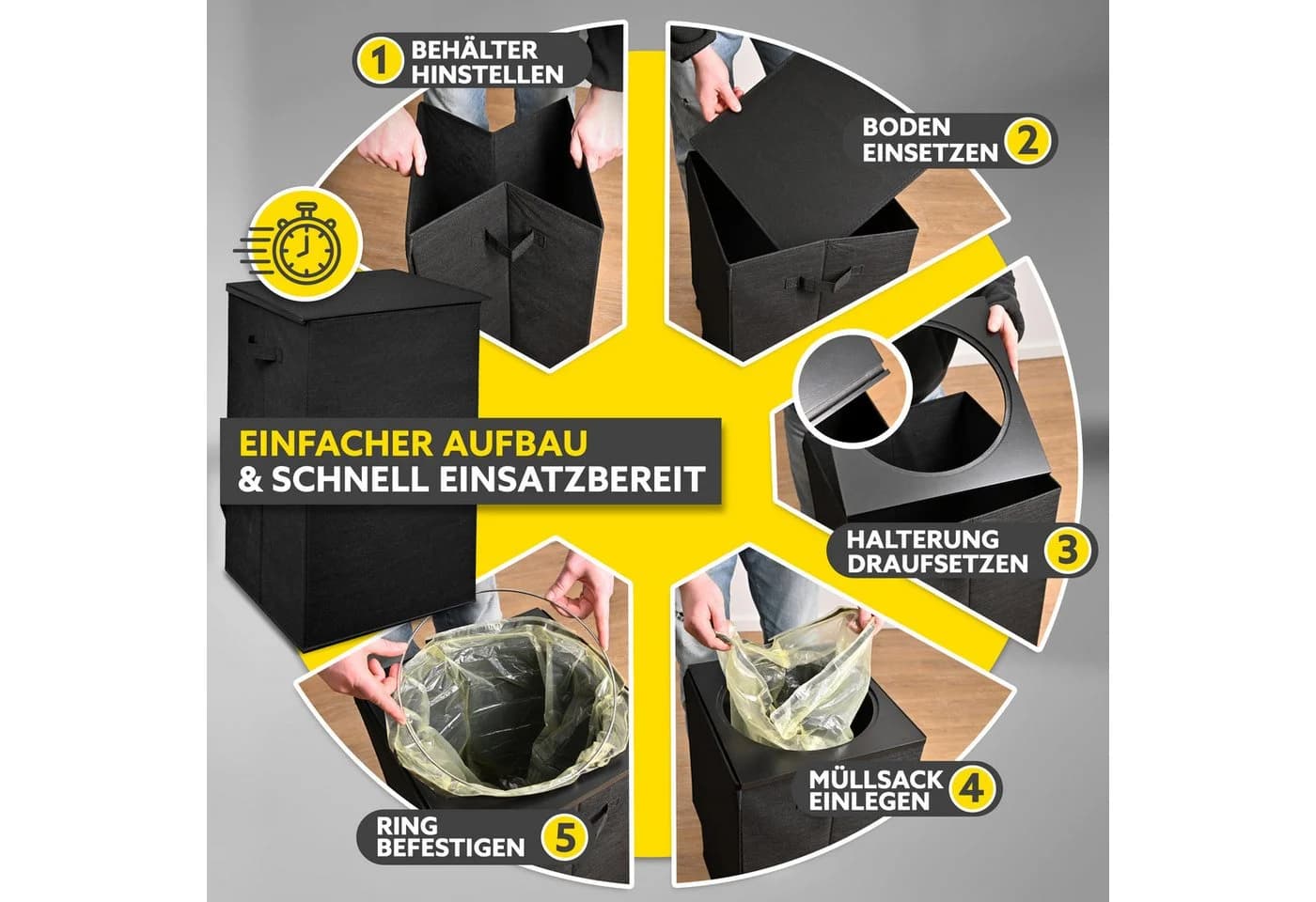 HANDFILL Flaschensammler Wäschekorb & Müllsackständer 70L Gelber Sack mit Deckel Stoffumrandung - Bild 5