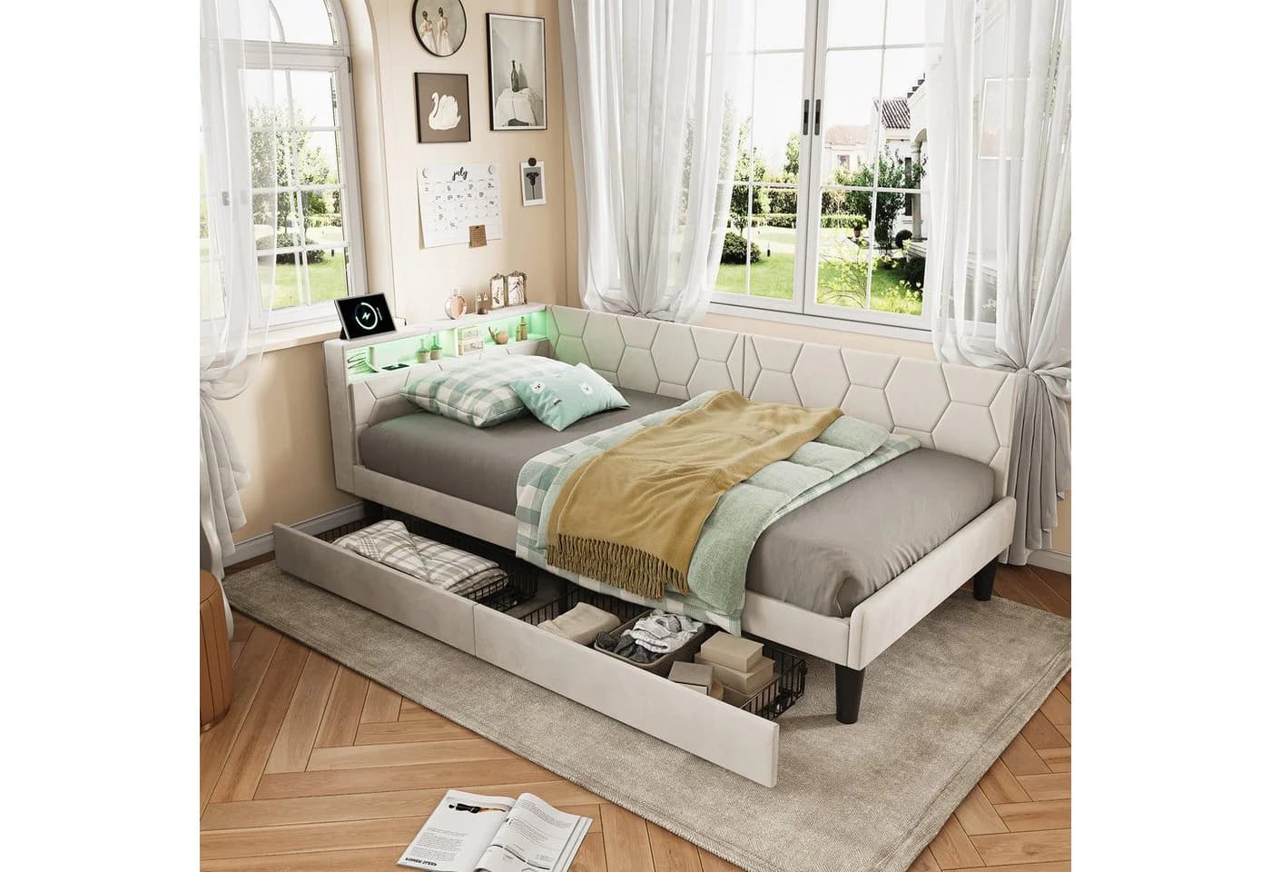 ADWOLT Polsterbett Beige mit LED, Stauraum & USB