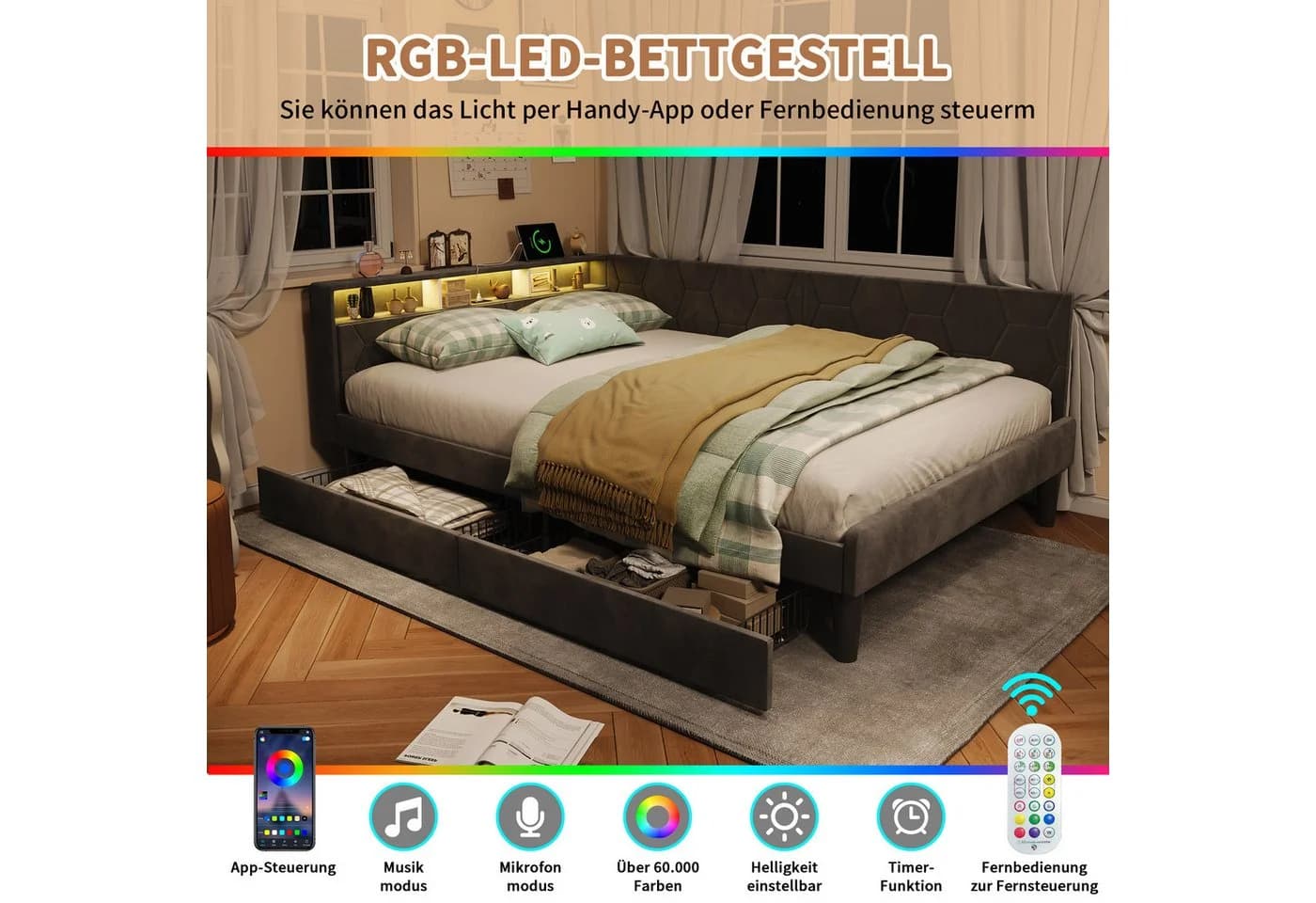 ADWOLT Polsterbett Grau mit LED, Stauraum & USB - Bild 4