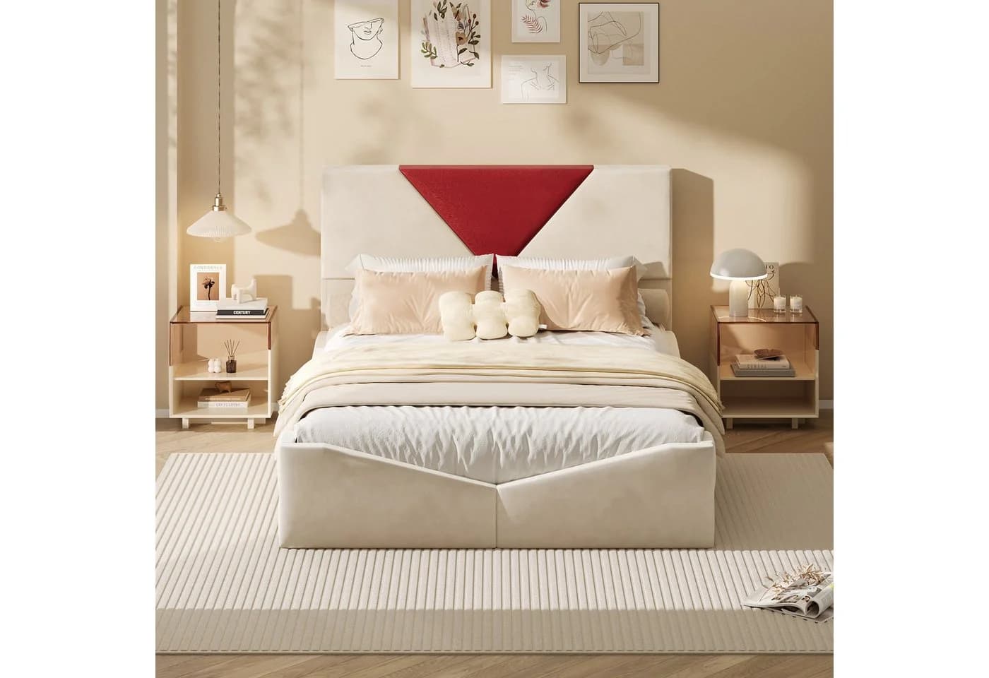 ADWOLT Stauraumbett Polsterbett 160x200 mit 4 Schubladen Beige/Rot