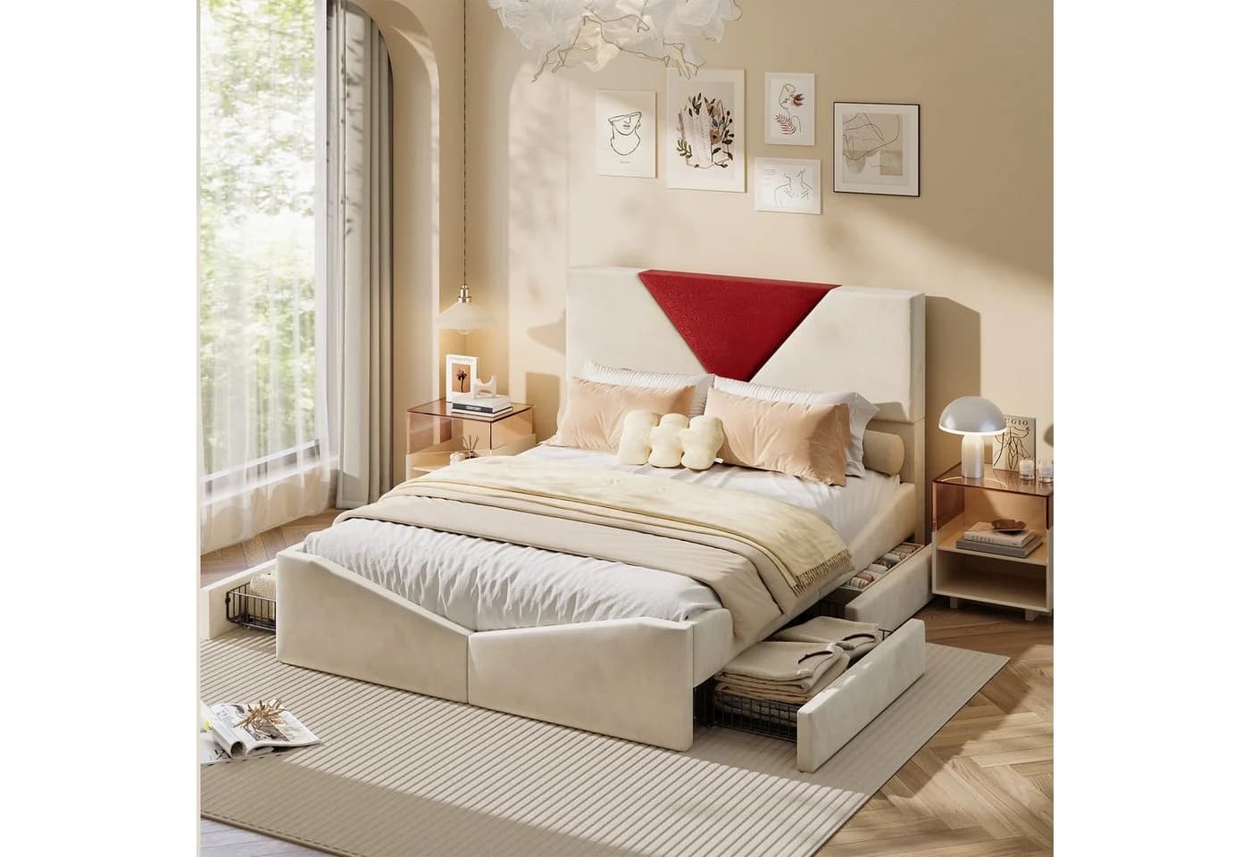 ADWOLT Stauraumbett Polsterbett 160x200 mit 4 Schubladen Beige/Rot - Bild 2