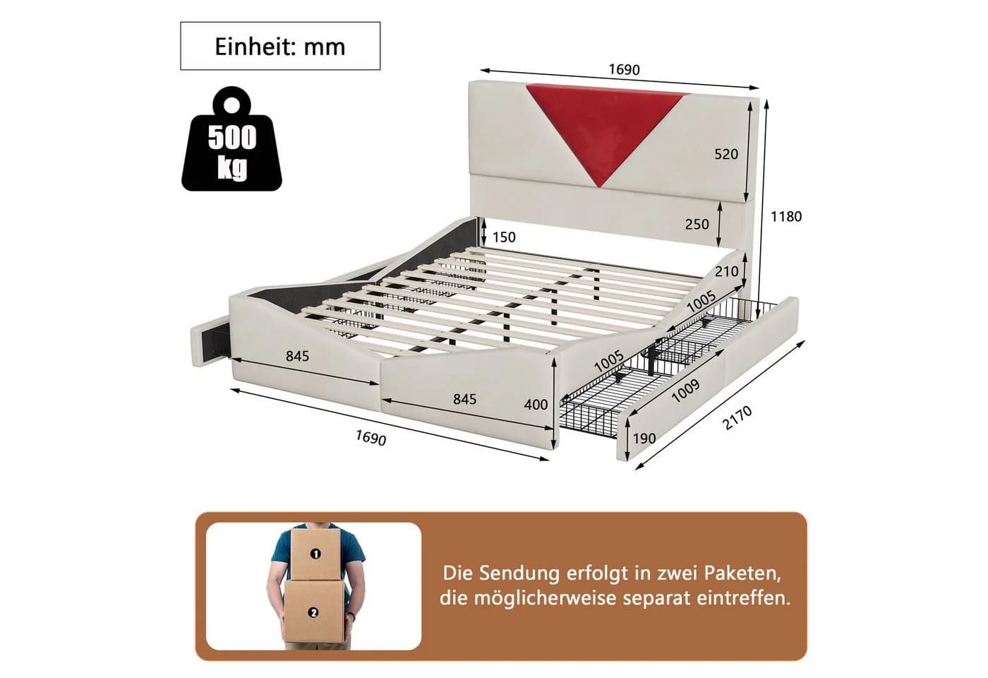 ADWOLT Stauraumbett Polsterbett 160x200 mit 4 Schubladen Beige/Rot - Bild 5