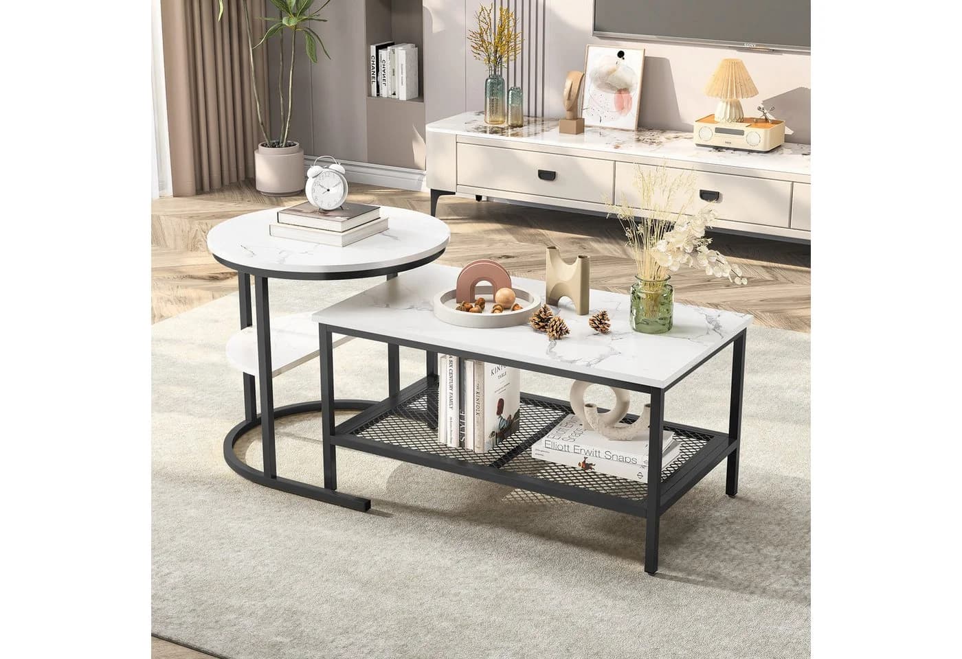 FUROKOY Couchtisch 2er Set Schwarz Marmoroptik Runder Quadratischer Tisch