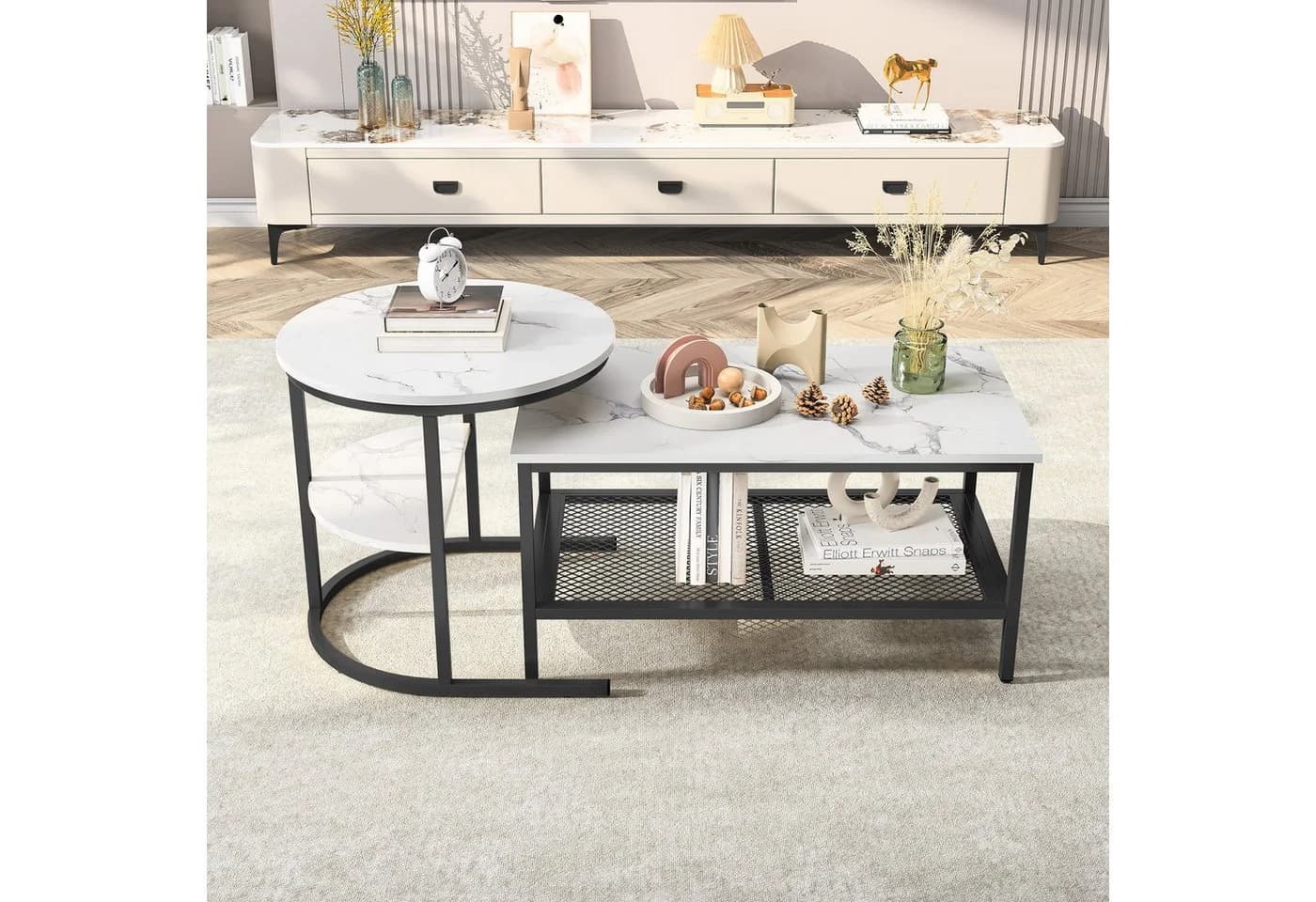 FUROKOY Couchtisch 2er Set Schwarz Marmoroptik Runder Quadratischer Tisch - Bild 2
