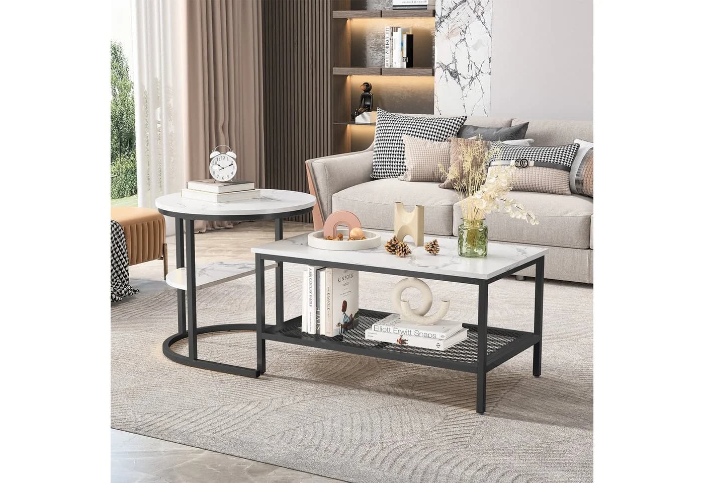 FUROKOY Couchtisch 2er Set Schwarz Marmoroptik Runder Quadratischer Tisch - Bild 3