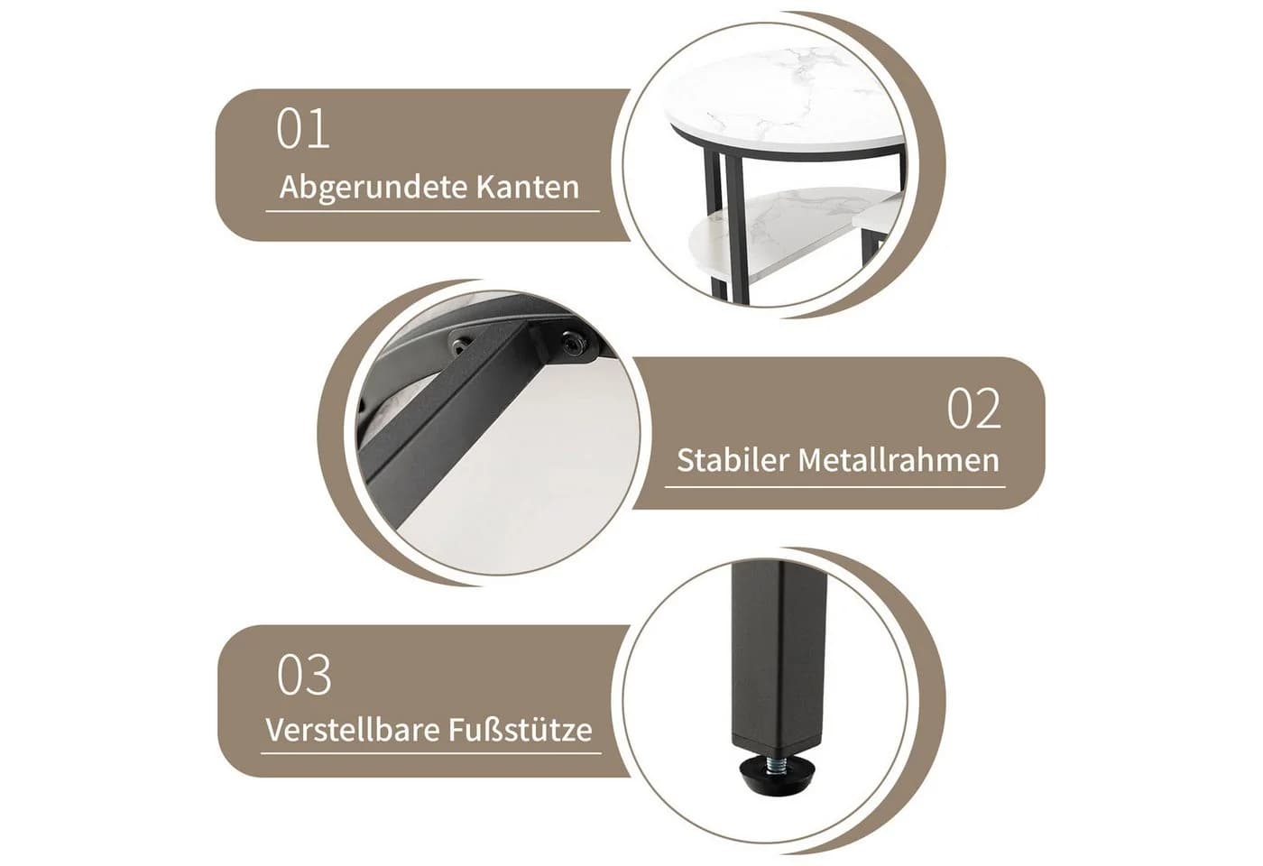 FUROKOY Couchtisch 2er Set Schwarz Marmoroptik Runder Quadratischer Tisch - Bild 4
