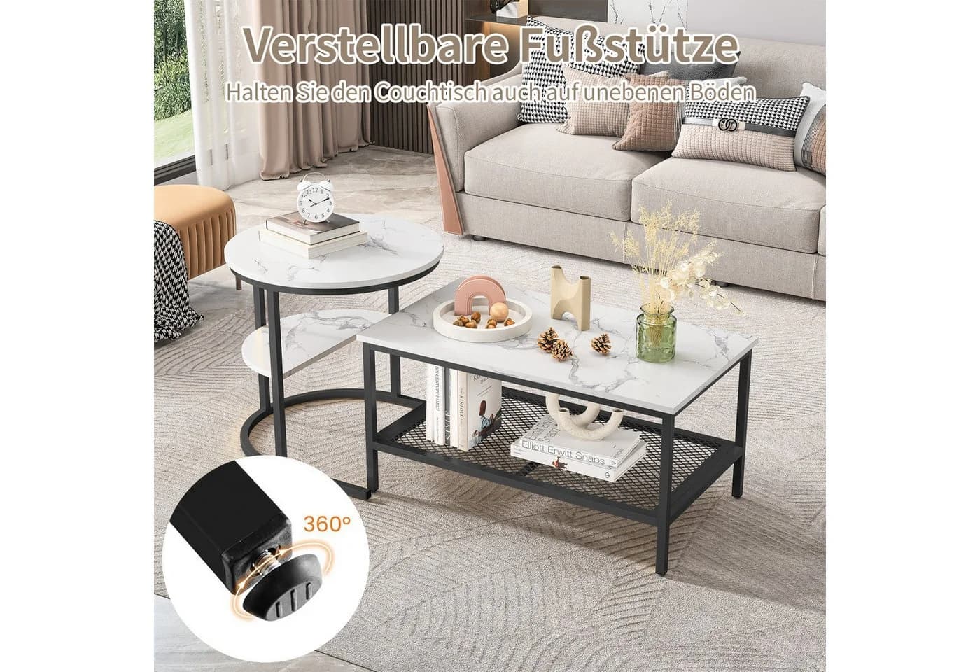 FUROKOY Couchtisch 2er Set Schwarz Marmoroptik Runder Quadratischer Tisch - Bild 5