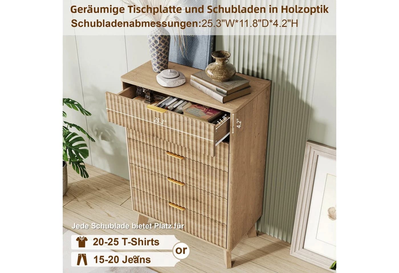 FUROKOY Kommode 5 Schubladen Naturholz mit Metallgriff