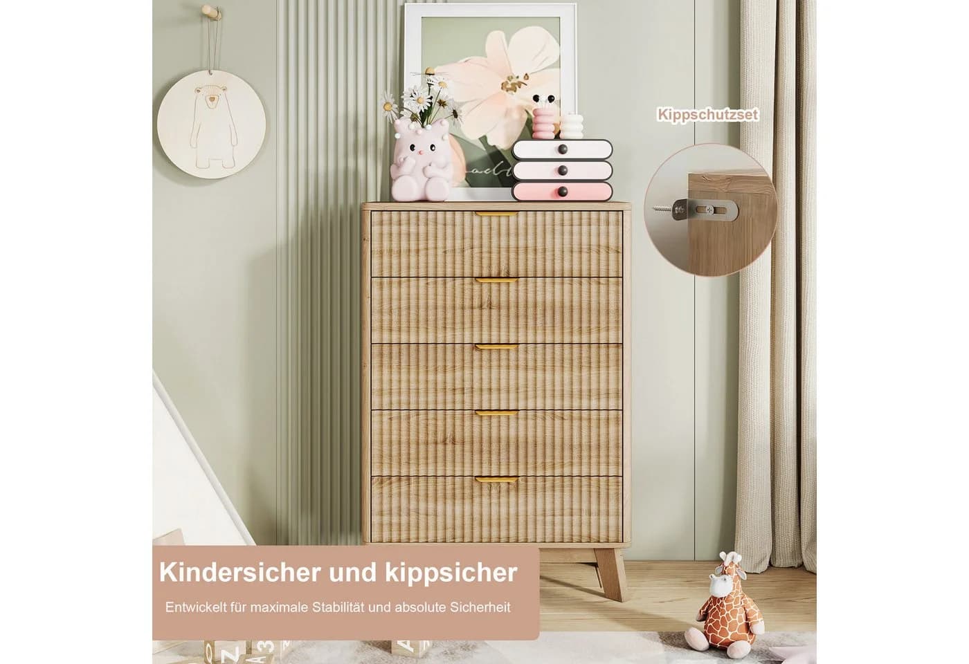 FUROKOY Kommode 5 Schubladen Naturholz mit Metallgriff - Bild 4