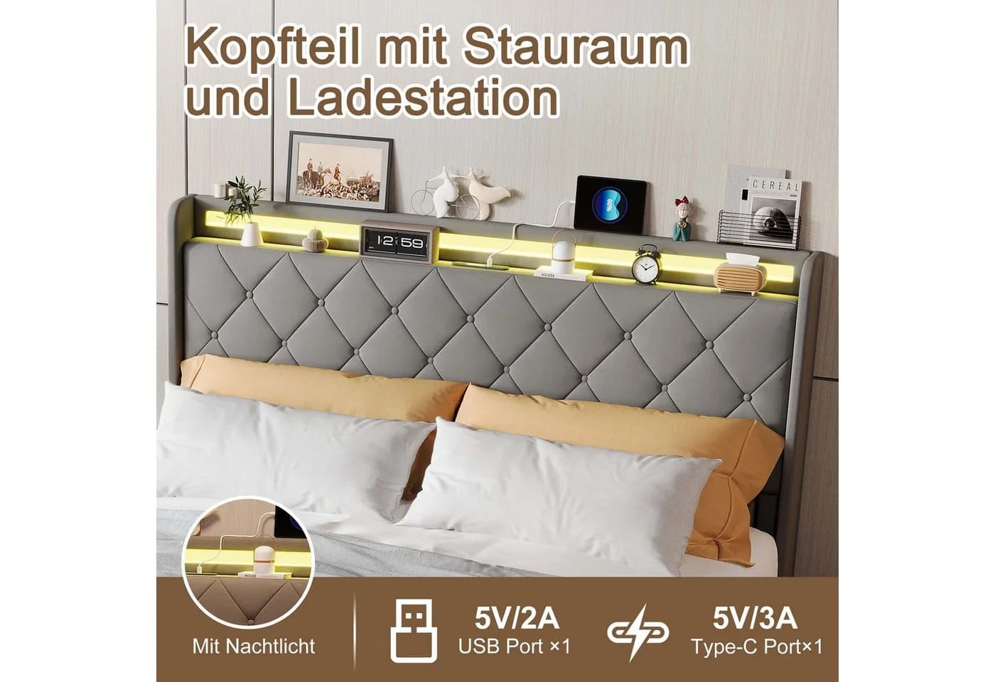 ADWOLT Polsterbett mit Stauraum, LED & USB-Anschluss Grau