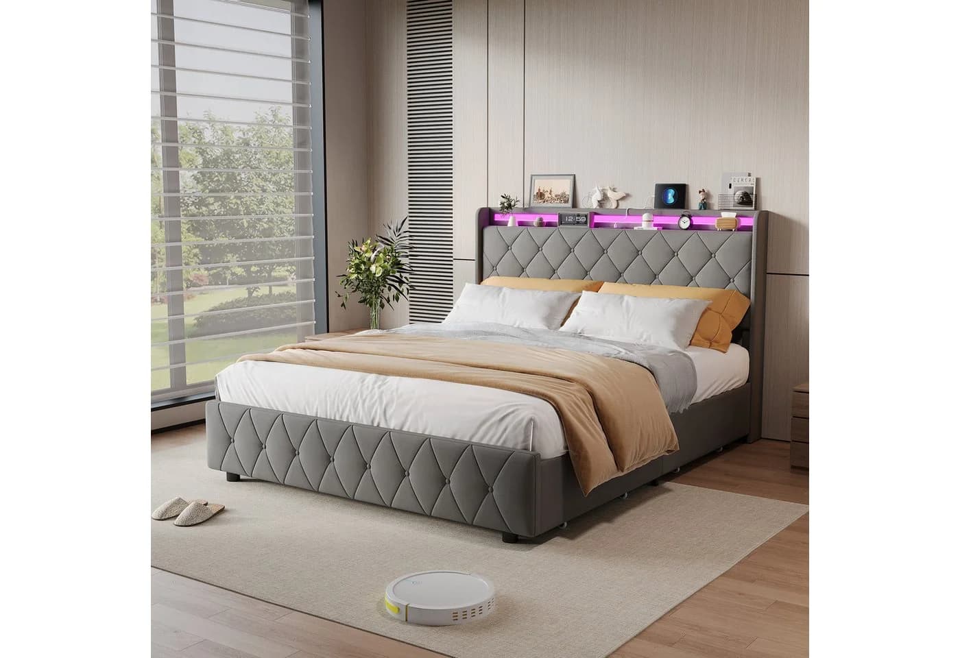 ADWOLT Polsterbett mit Stauraum, LED & USB-Anschluss Grau - Bild 2