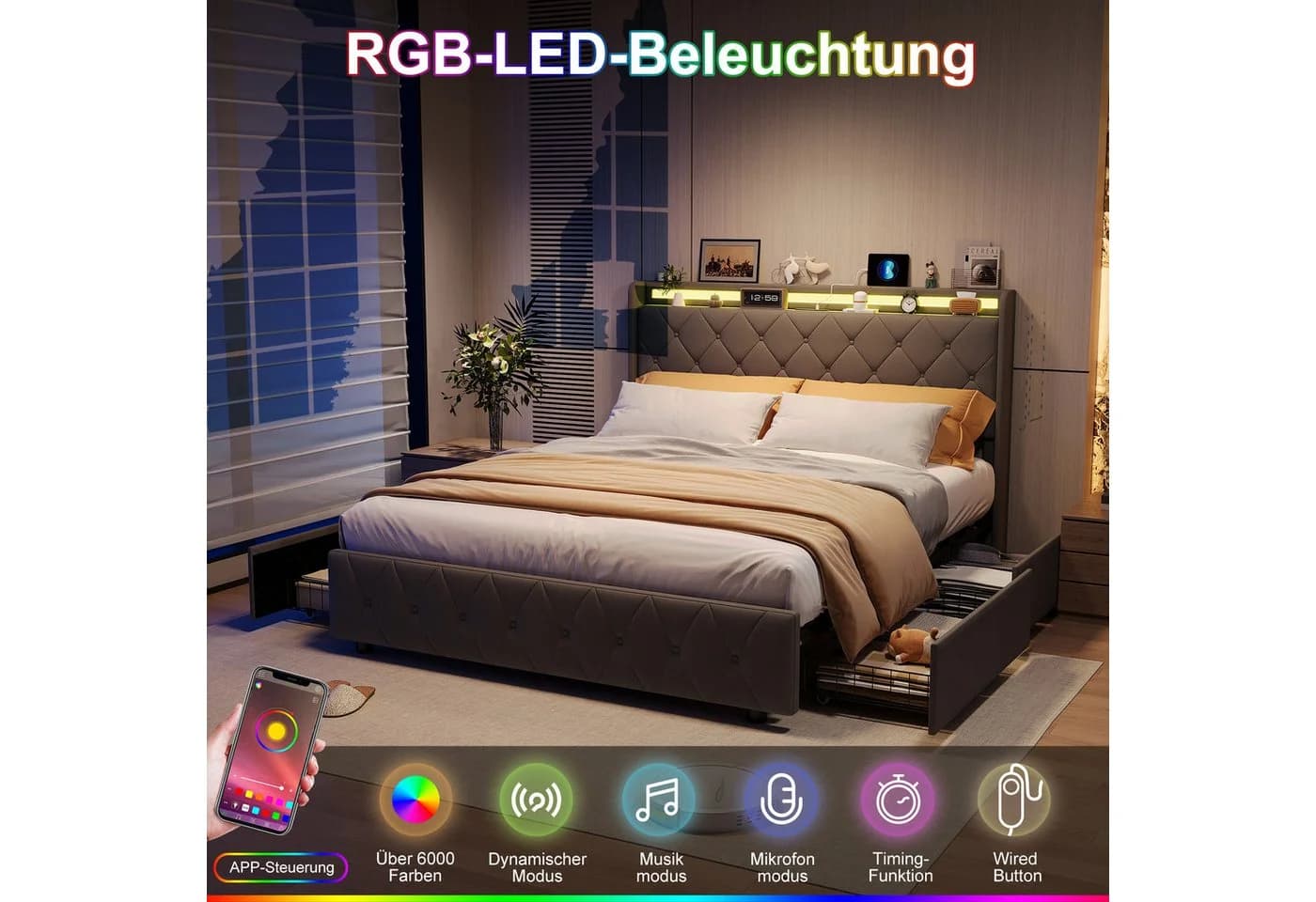 ADWOLT Polsterbett mit Stauraum, LED & USB-Anschluss Grau - Bild 3
