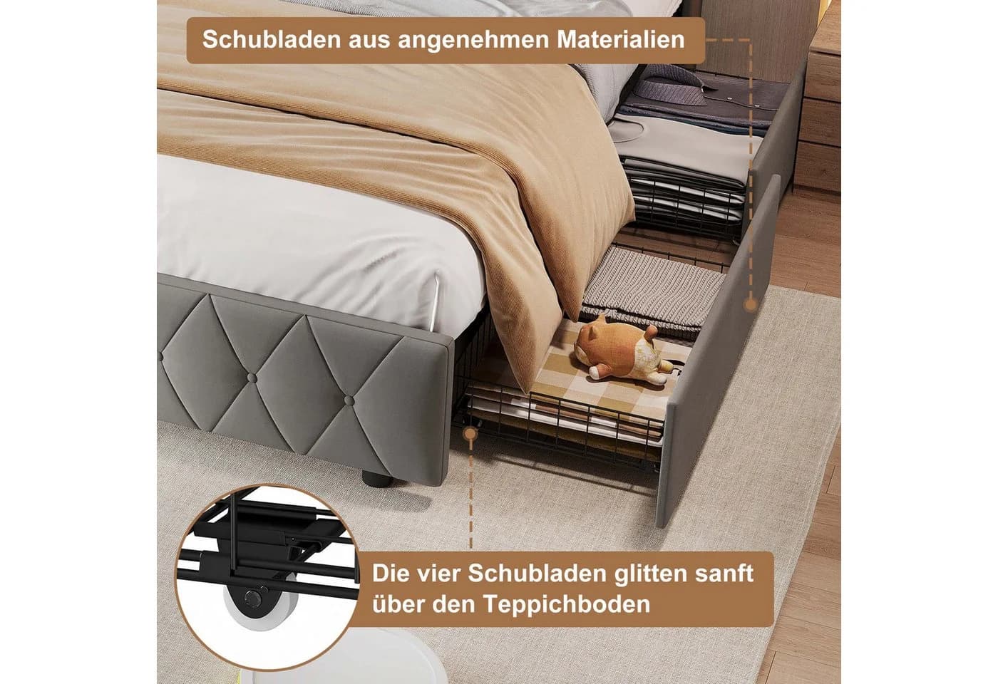 ADWOLT Polsterbett mit Stauraum, LED & USB-Anschluss Grau - Bild 4