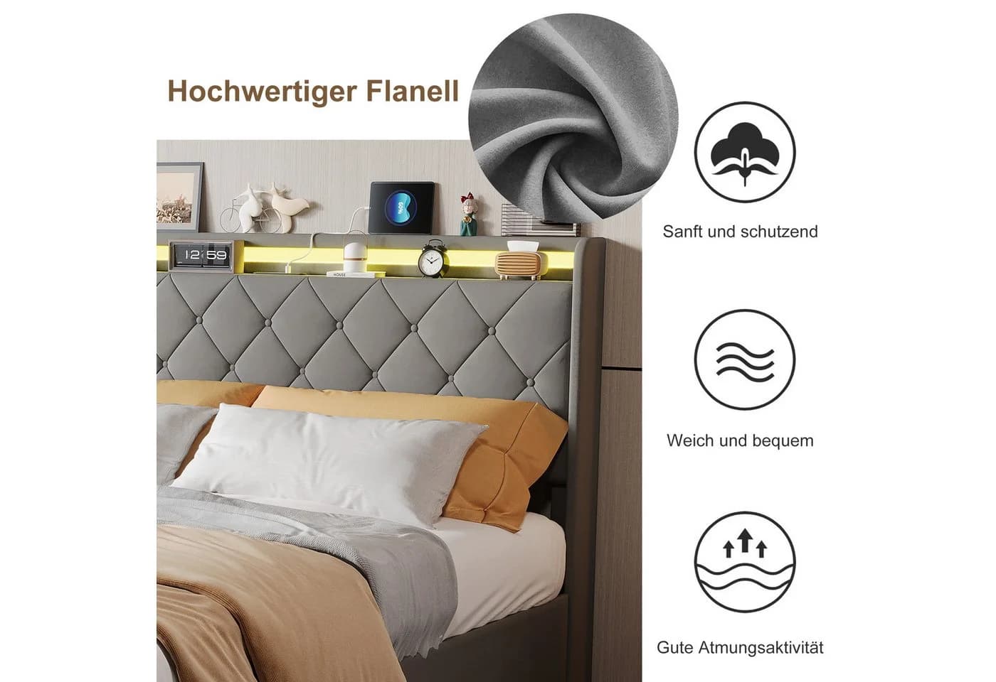 ADWOLT Polsterbett mit Stauraum, LED & USB-Anschluss Grau - Bild 5