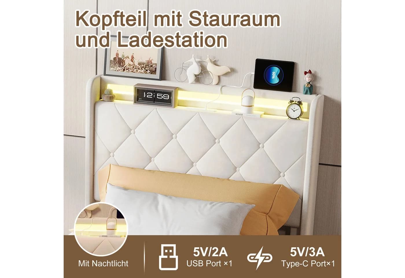FUROKOY Stauraumbett Polsterbett 90x200cm Beige mit 2 Schubladen