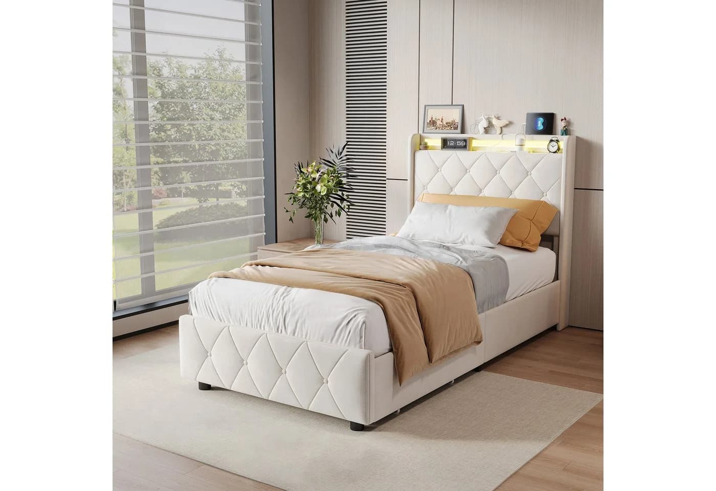 FUROKOY Stauraumbett Polsterbett 90x200cm Beige mit 2 Schubladen - Bild 2