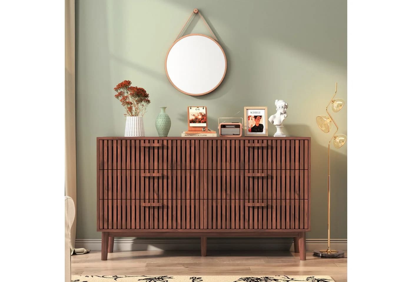 FUROKOY Sideboard mit 6 Schubladen Walnuss Holz