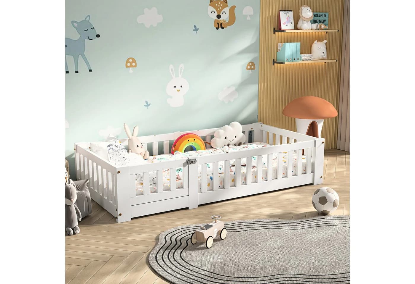 FUROKOY Kinderbett Bodenbett Weiß Massivholz mit Rausfallschutz - Bild 3
