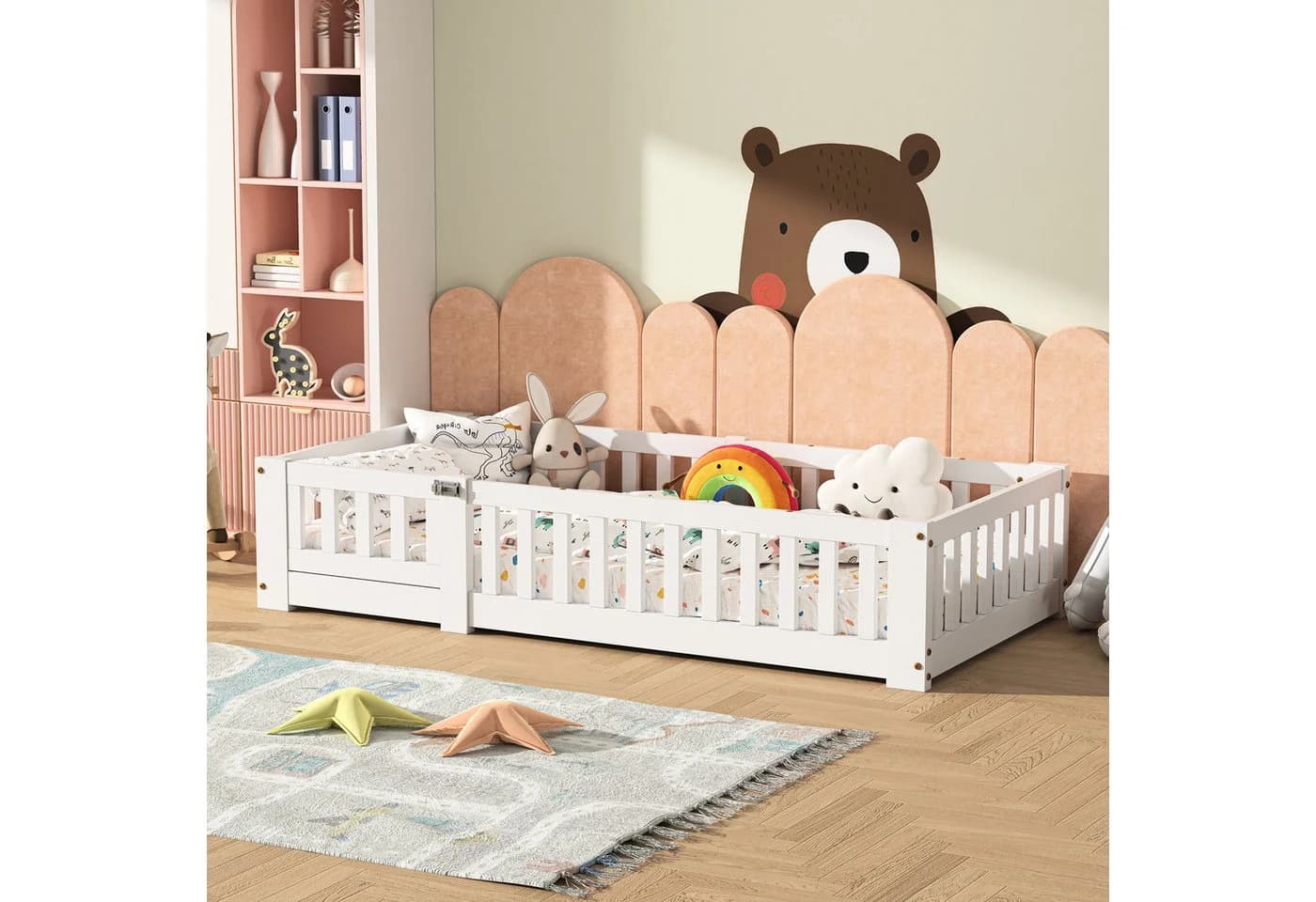 FUROKOY Kinderbett Bodenbett Weiß Massivholz mit Rausfallschutz - Bild 4