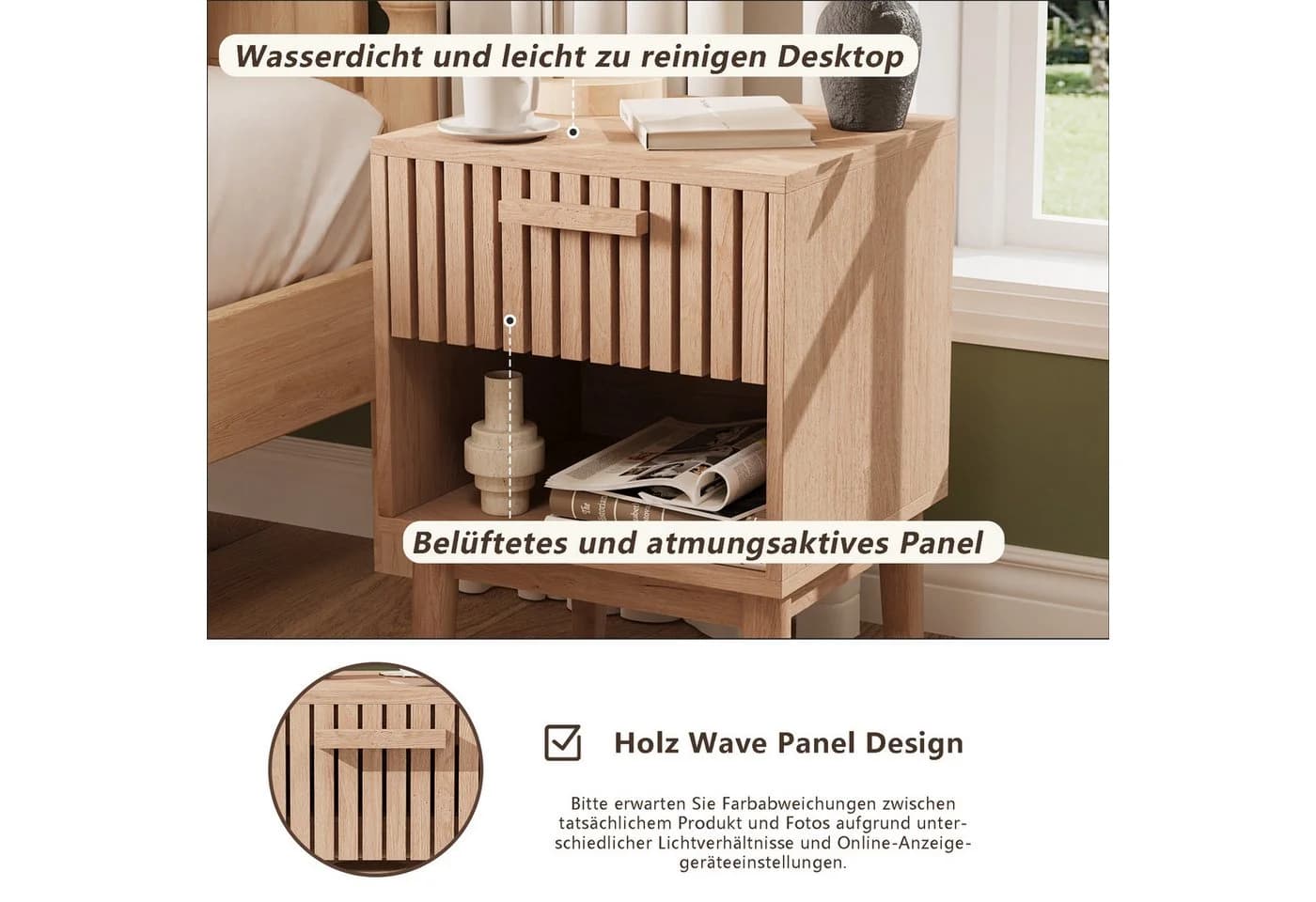 ADWOLT Nachttisch 2er Set aus Holz mit Schubladen Natur