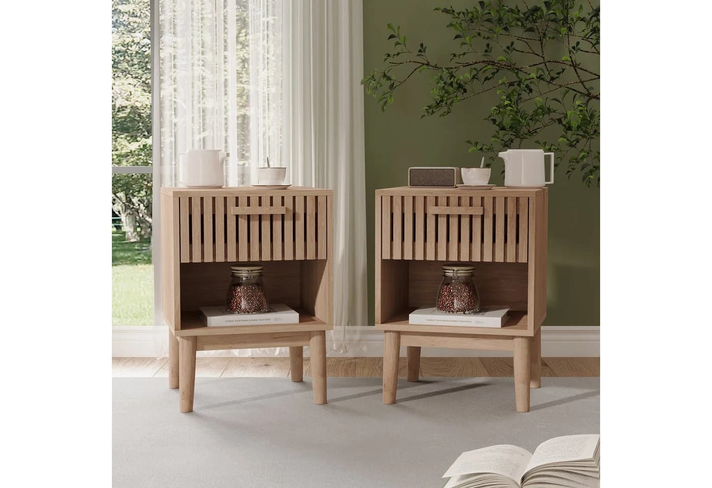 ADWOLT Nachttisch 2er Set aus Holz mit Schubladen Natur - Bild 2