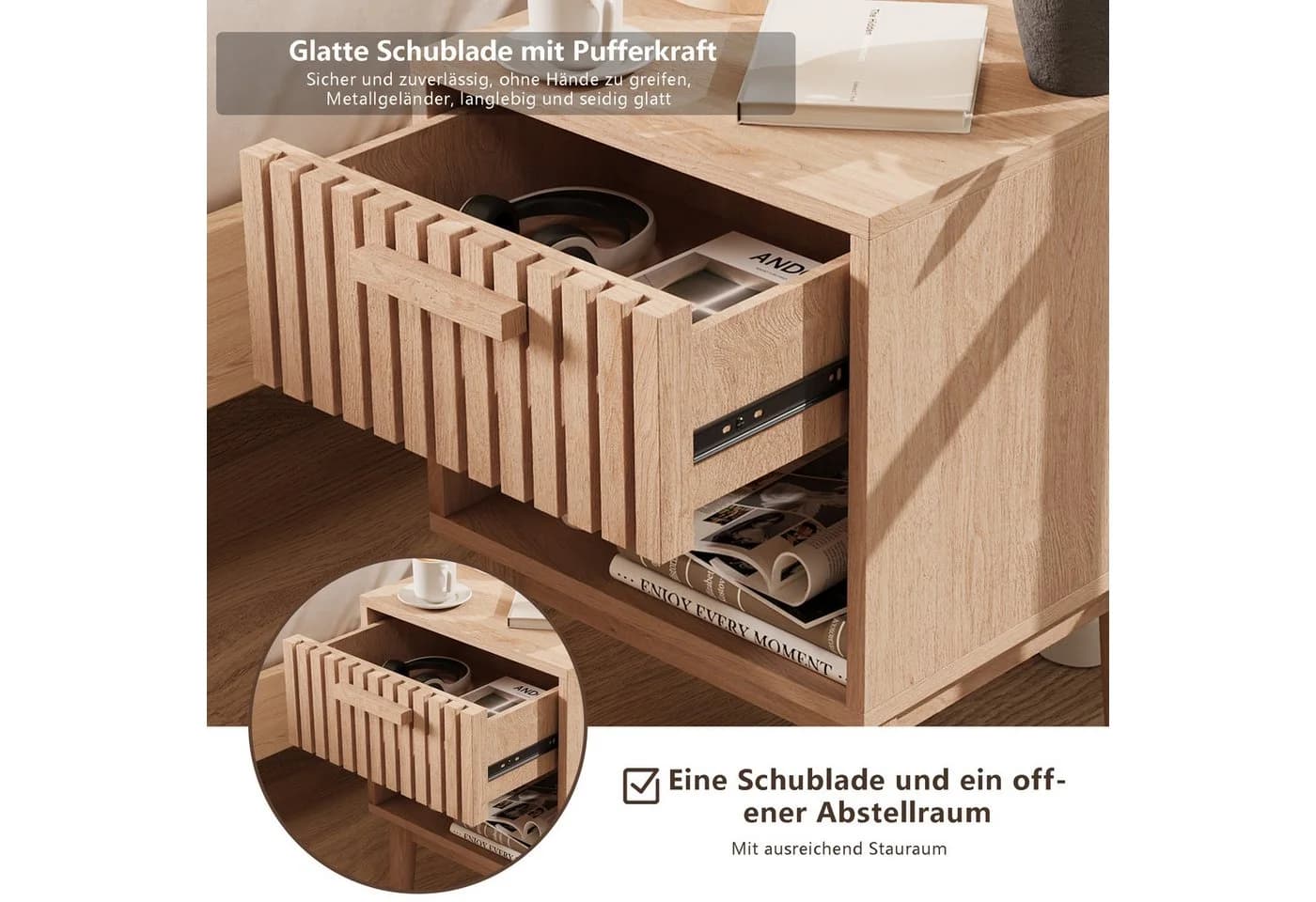 ADWOLT Nachttisch 2er Set aus Holz mit Schubladen Natur - Bild 3