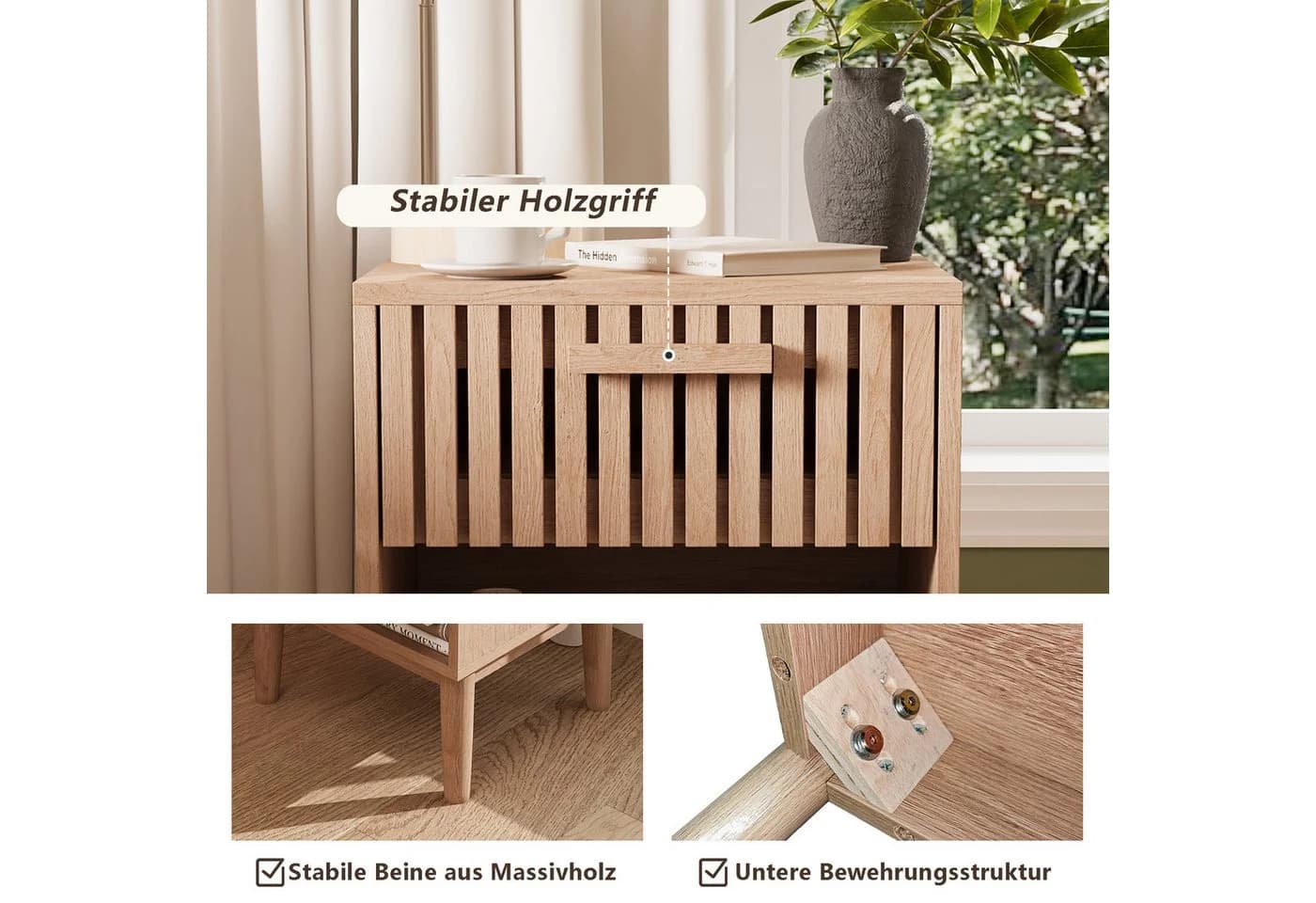 ADWOLT Nachttisch 2er Set aus Holz mit Schubladen Natur - Bild 4